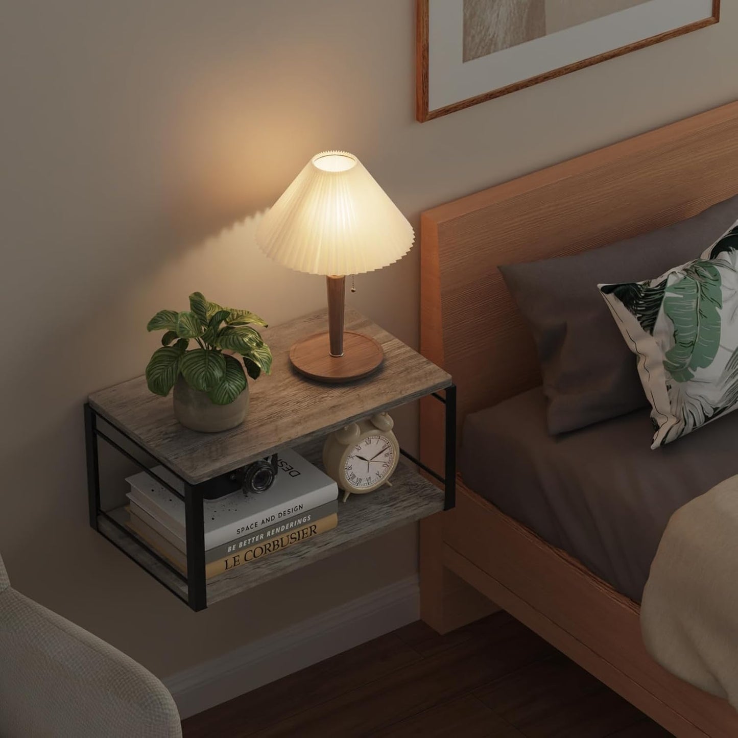 Floating Nightstand, Wood Bedside Shelf Wall Mounted Nightstand, Floating Bedside Table Wall Shelf for Bedroom, Living Room, Bathroom, Kitchen, Office (Vintage Gray)