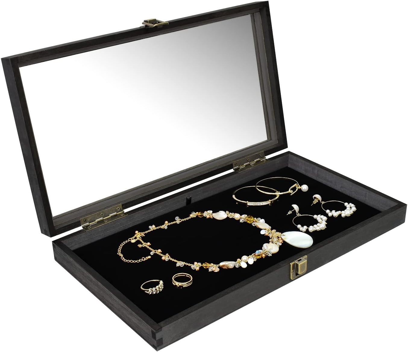 MOOCA Wooden Jewelry Display Case, Pocket Knife Display Case with Tempered Glass Top Lid and Removable Black Luxurious MDF Velvet Jewelry Pad, Black Color