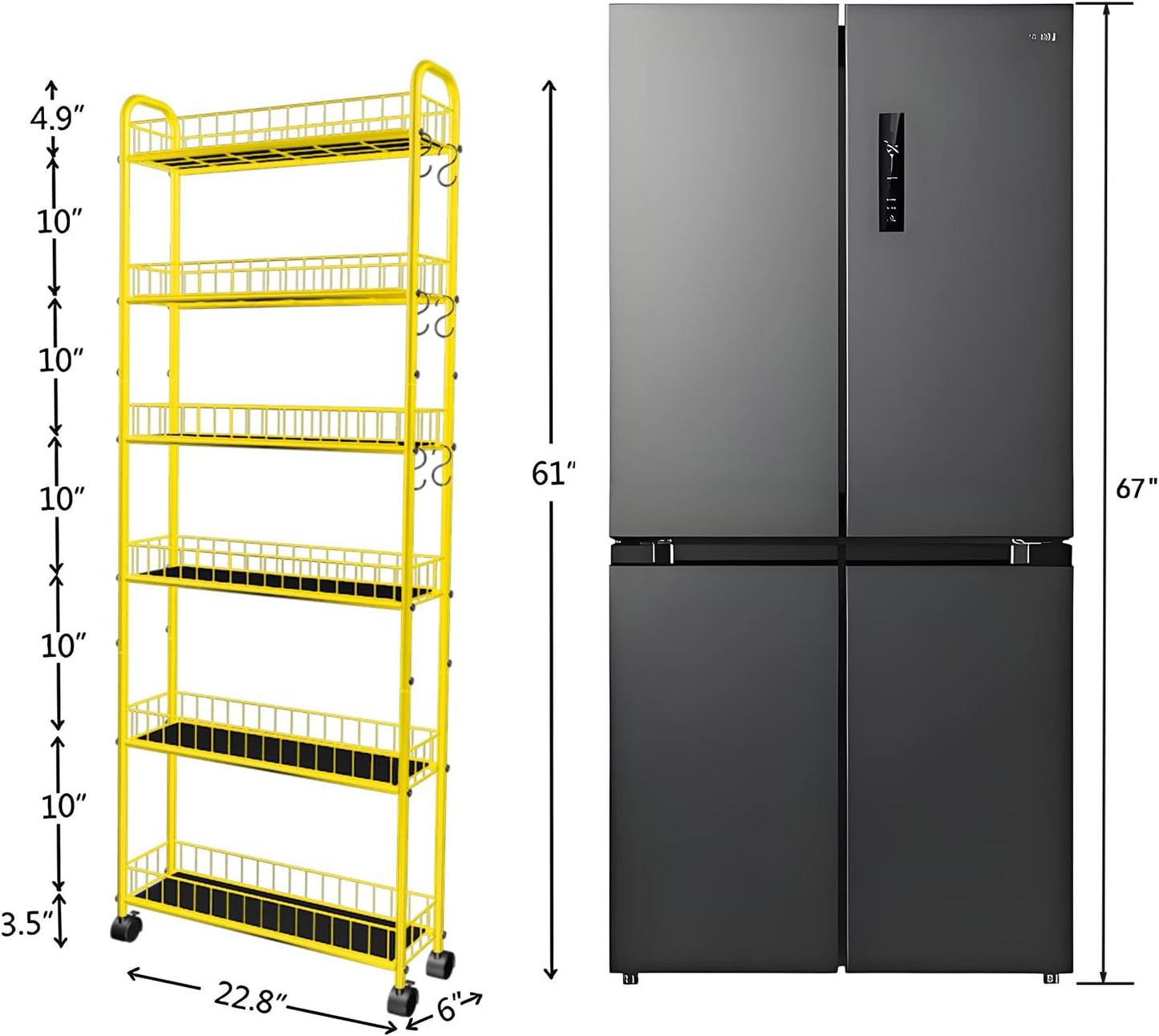 6-Tier Slim Storage Cart with Wheels,6in Narrow Rolling Shelf,Sturdy Slim Storage Ideal for Kitchen, Bathroom, and Laundry Room, Yellow