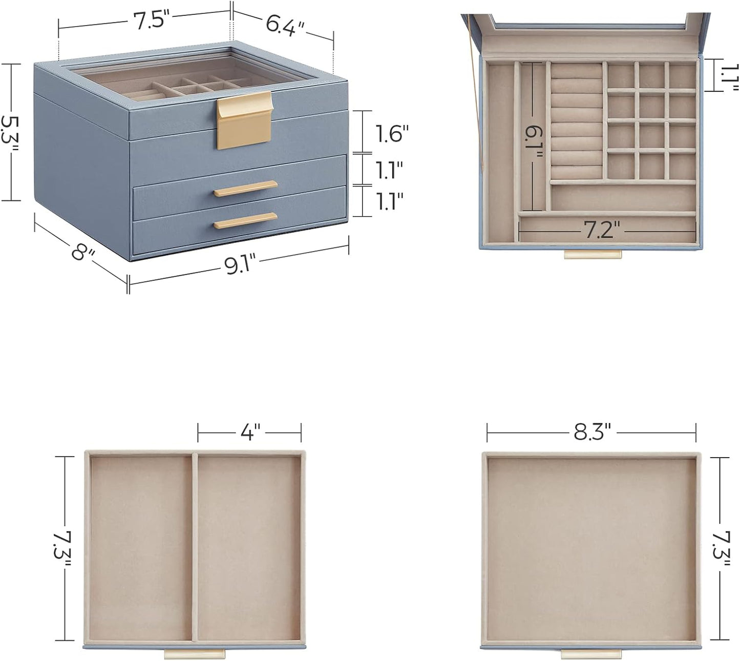 SONGMICS Jewelry Box Organizer with Glass Lid, 3-Layer Jewelry Storage, with 2 Drawers, Modern Style, Christmas Gift, 8 x 9.1 x 5.3 Inches, Smoky Blue and Gold Color UJBC239Q01