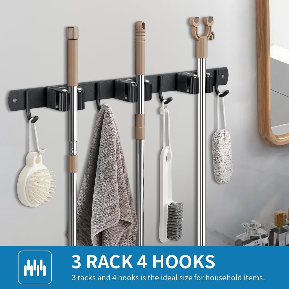 2 Pack Broom Hanger and Mop Holder, Heavy Duty Garden Tool Organizer Rack Rake and Shovel Handle, Stainless Steel Wall Mounted Utility Rack with Screws (5 Racks with 4 Hooks, Matte Black).