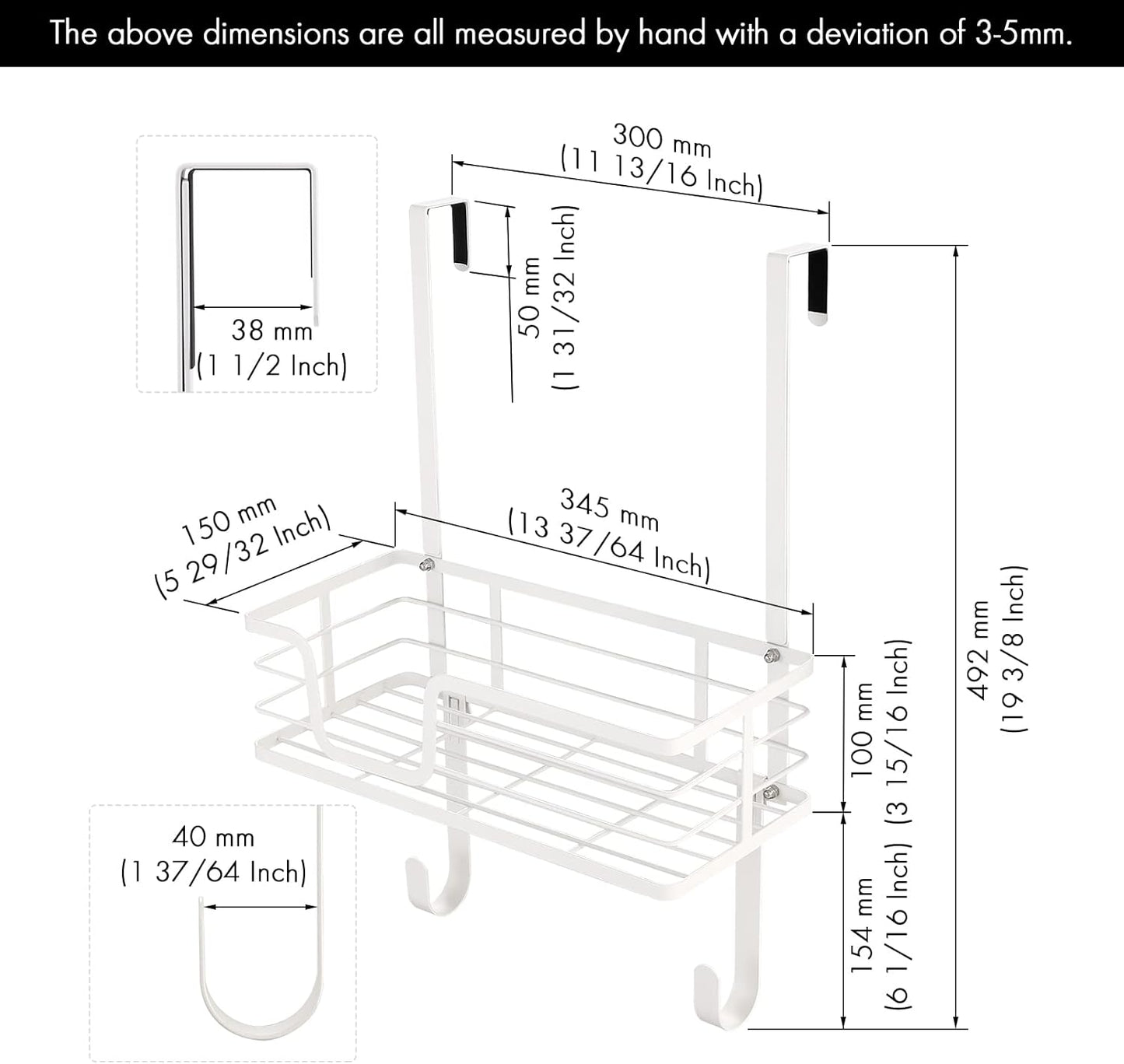 KES Ironing Board Hanger Over The Door, T-Leg Holder, for 1 3/8" Door, Metal Iron Holder White, HIR500A-WH