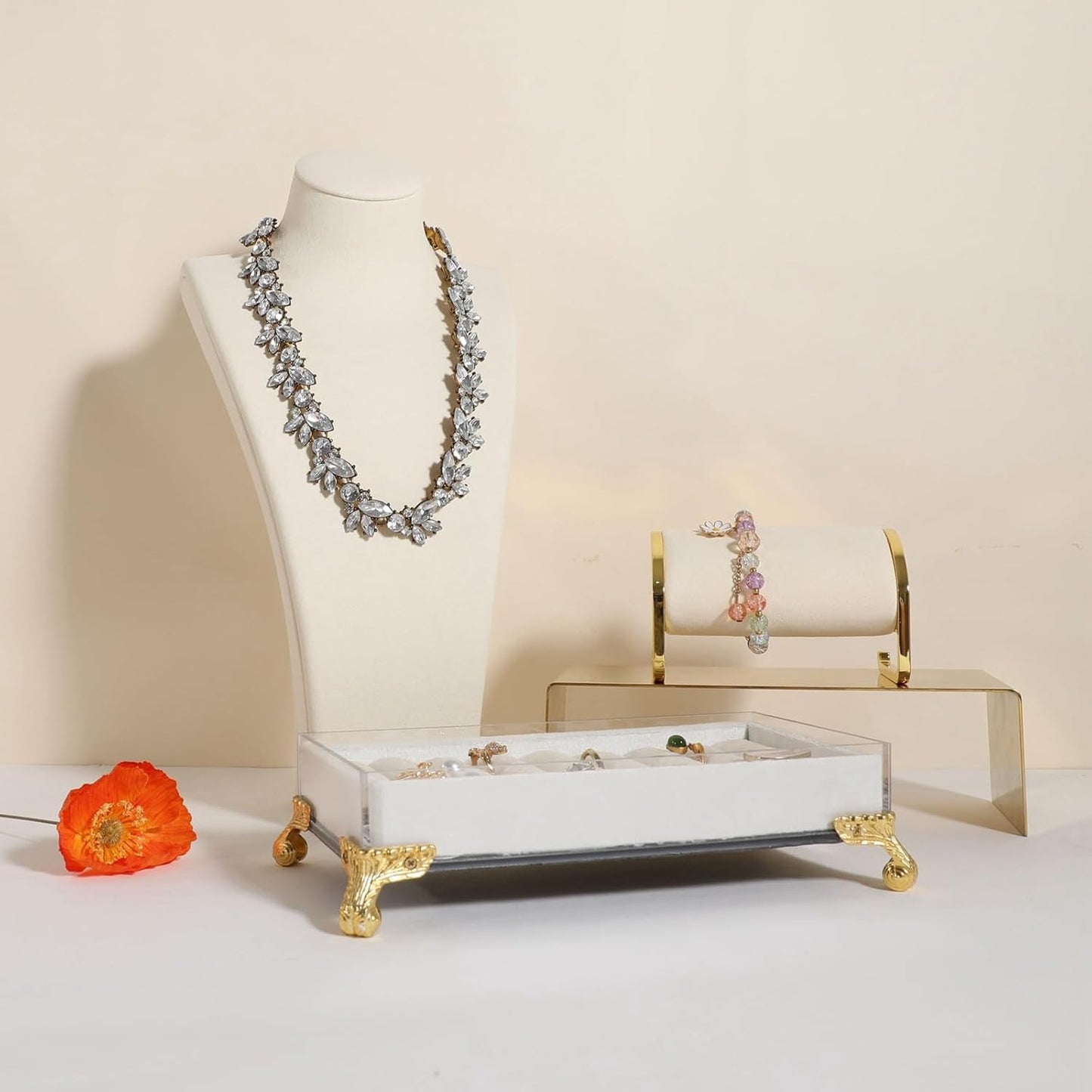 GemeShou Beige necklace storage organizer for sale, Velvet necklace holder stand, jewelry bust display stands, Jewelry Mannequin for Countertop, Showcase【Beige-Large height 12.4 inch】