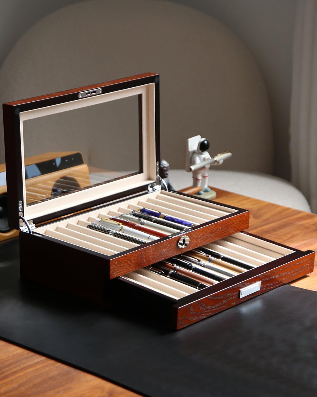 wood pen display case 24 slot Fountain pen Box storage Organizer with drawer, Top Glass Window Pen Collection Display Case