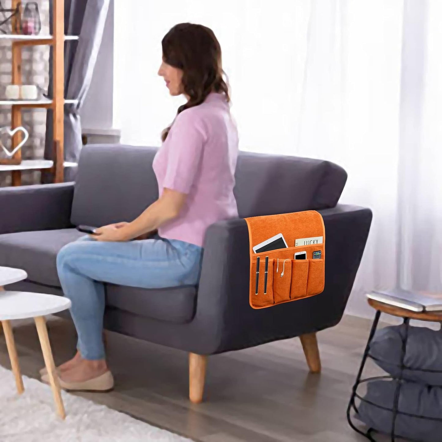 NB Sofa Armrest Organize remote holder bedside caddy organizer with 5 pockets,non-slip couch remote control holder couch armchair caddy accessories (Orange, 35"x12.4")
