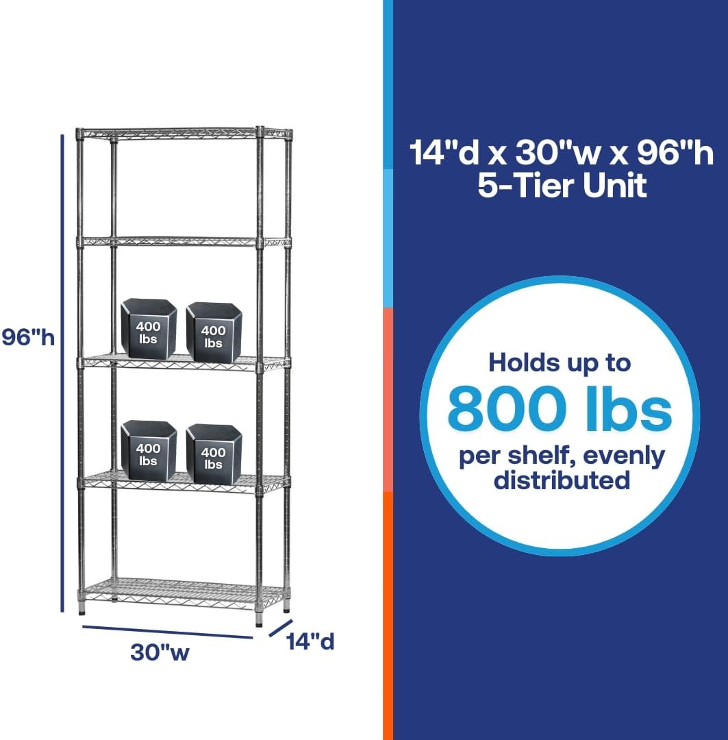 Shelving Inc. 14"d x 30" w x 96" h Chrome Wire Shelving with 5 Tier Shelves, Weight Capacity 800lbs Per Shelf