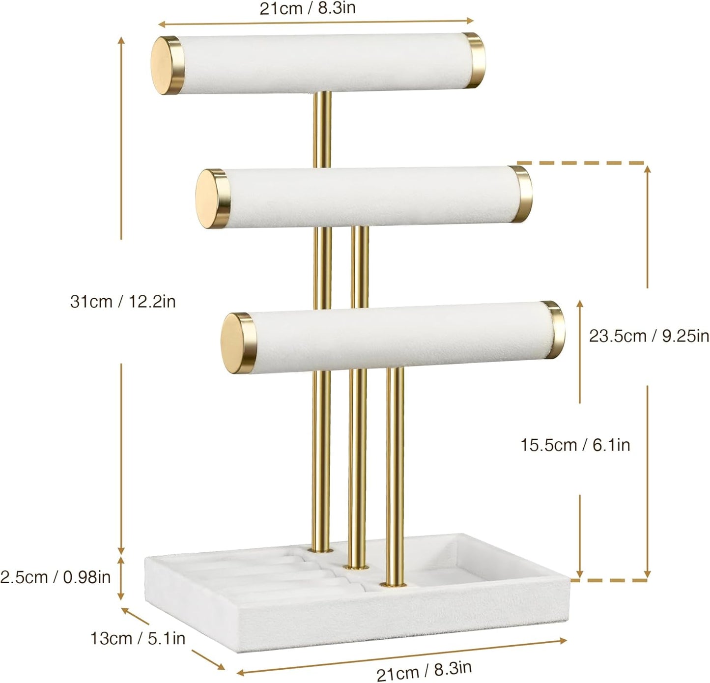 3 Tier Bracelet Holder Display - Detachable T Bar White Velvet Bracelet Holder, Jewelry Holder Organizer for Bracelet, Necklace, Watches, Rings