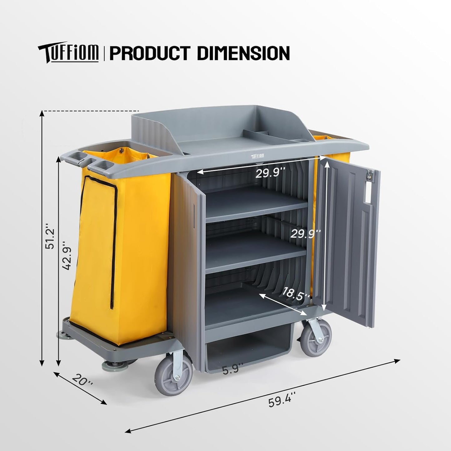 266LBS Premium Hotel & Housekeeping Cart with Door on Wheels, Multifunctional Commercial Cleaning Cart with Large Capacity Vingyl Bags, Comfor Grip Handles and Easy Move Casters, Gray