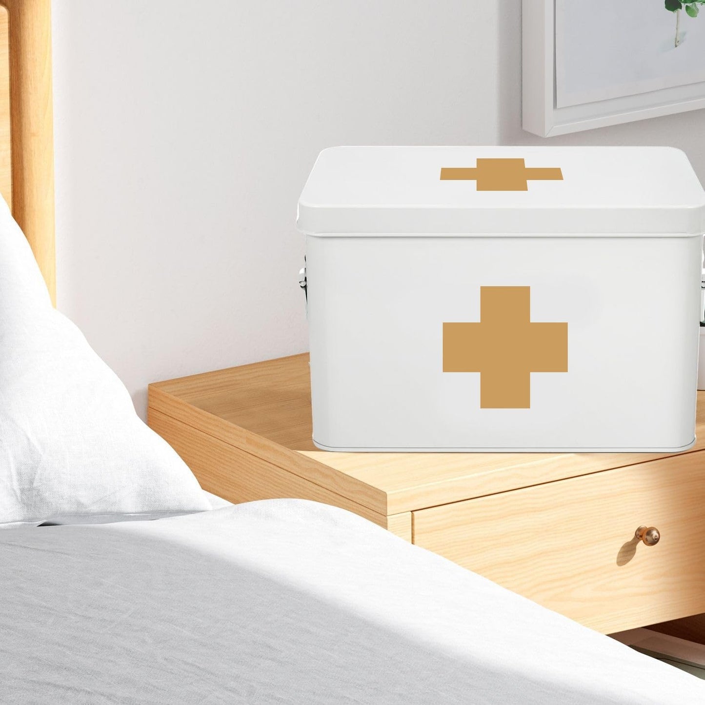 Flexzion First Aid Box Organizer Empty 13" White Vintage First Aid Kit Tin Metal Medical Box - First Aid Storage Box Container Bins with Dividers, Removable Tray and Gold Cross Logo