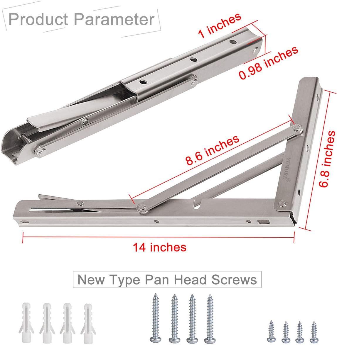 YUMORE Folding Shelf Bracket 14",Heavy Duty Stainless Steel Collapsible Shelf-Bracket Max Load 330lbs Wall Mounted Table Support Hinge for Space-Saving DIY Work Bench with Install Screws, Pack of 2