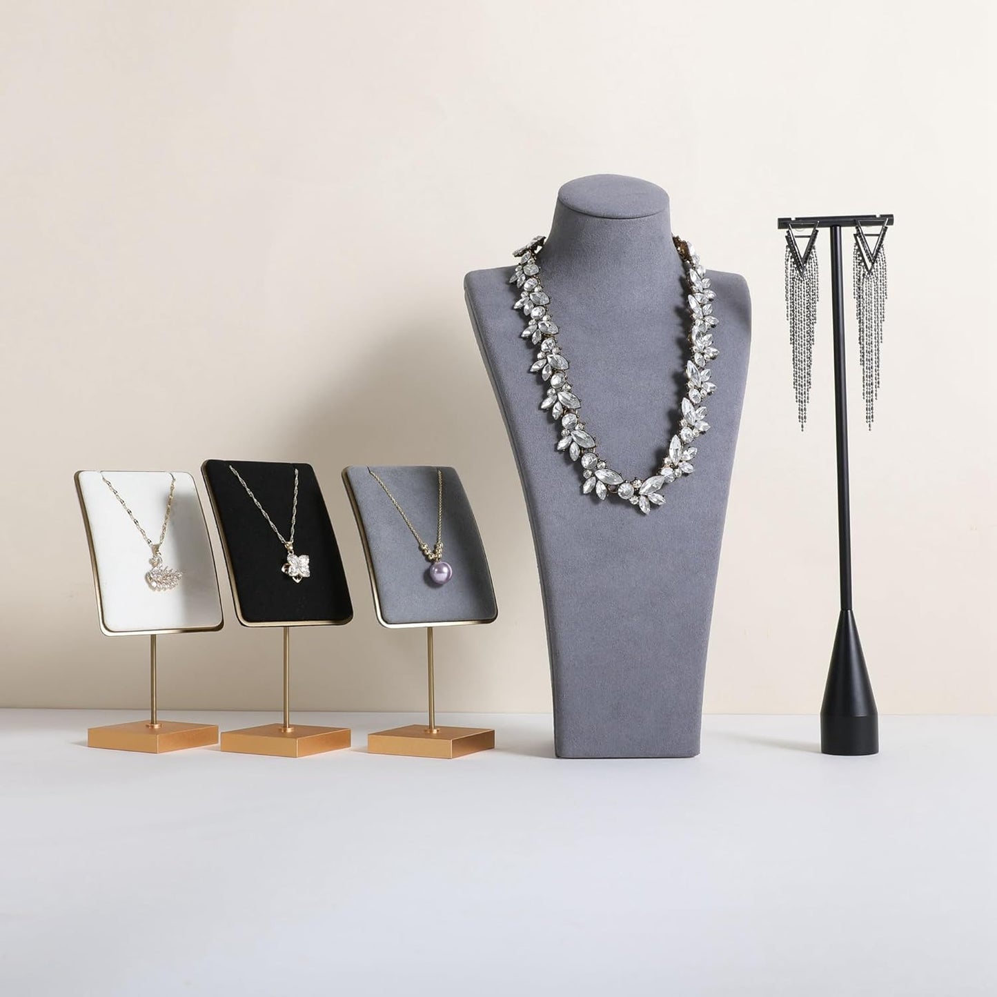GemeShou Grey necklace storage organizer for sale, Velvet necklace holder stand, jewelry bust display stands, Jewelry Mannequin for Countertop, Showcase【Grey-Large height 12.4 inch】