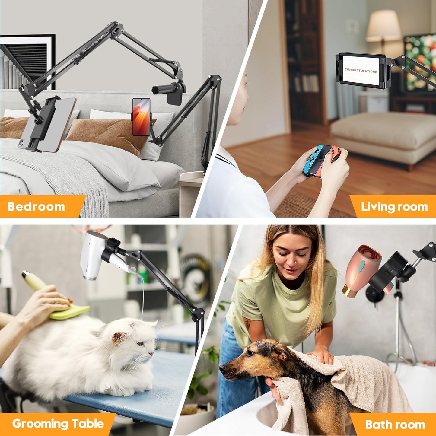 Black Dog Hair Dryer Holder - 360° Rotating Hands-Free Stand with Adjustable Clamp for Blow Dryers,3-in-1 Holder for Pet Hair Dryer, Tablet, and Phone Holder,Flexible, Sturdy, Safe