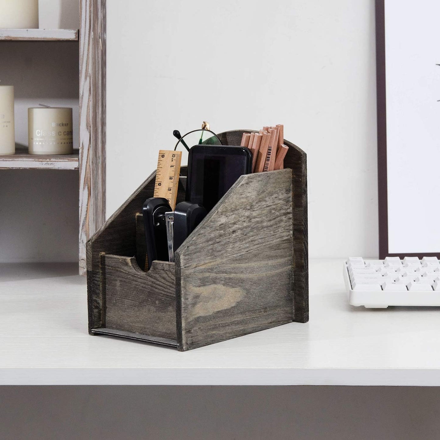 VERGOODR 3 Slot Rustic Wooden Remote Control Frame Media Organizer,Office Supply Storage,Magazine Pen Holders (Rock grey)