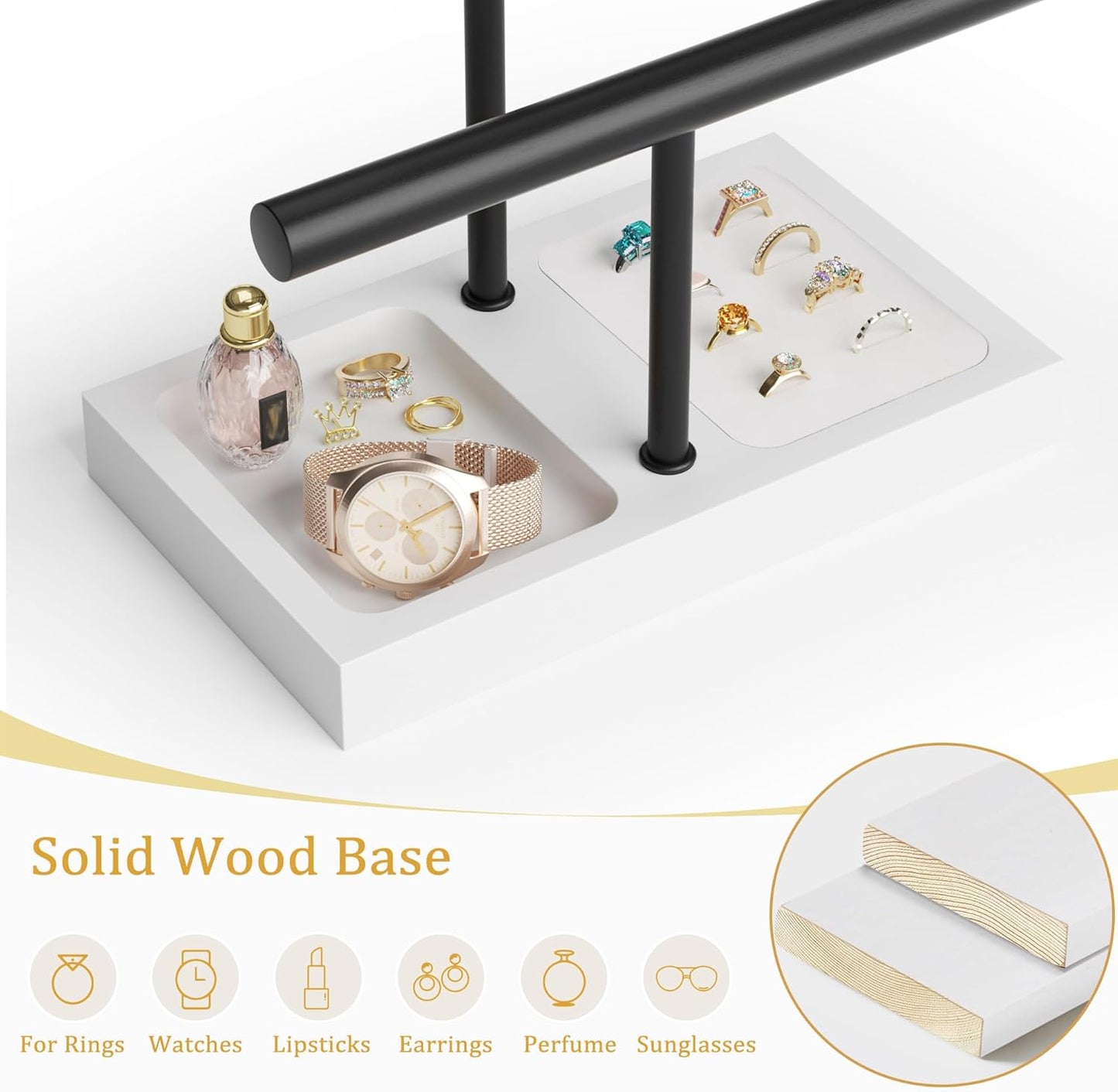 SZQINJI Bracelet Holder Organizer Jewelry Display Stand, Solid Wood Base with 2 Tier Metal T-bar for Bracelet Wristband Bangle Watch Necklace Hanging, White, Christmas Gift