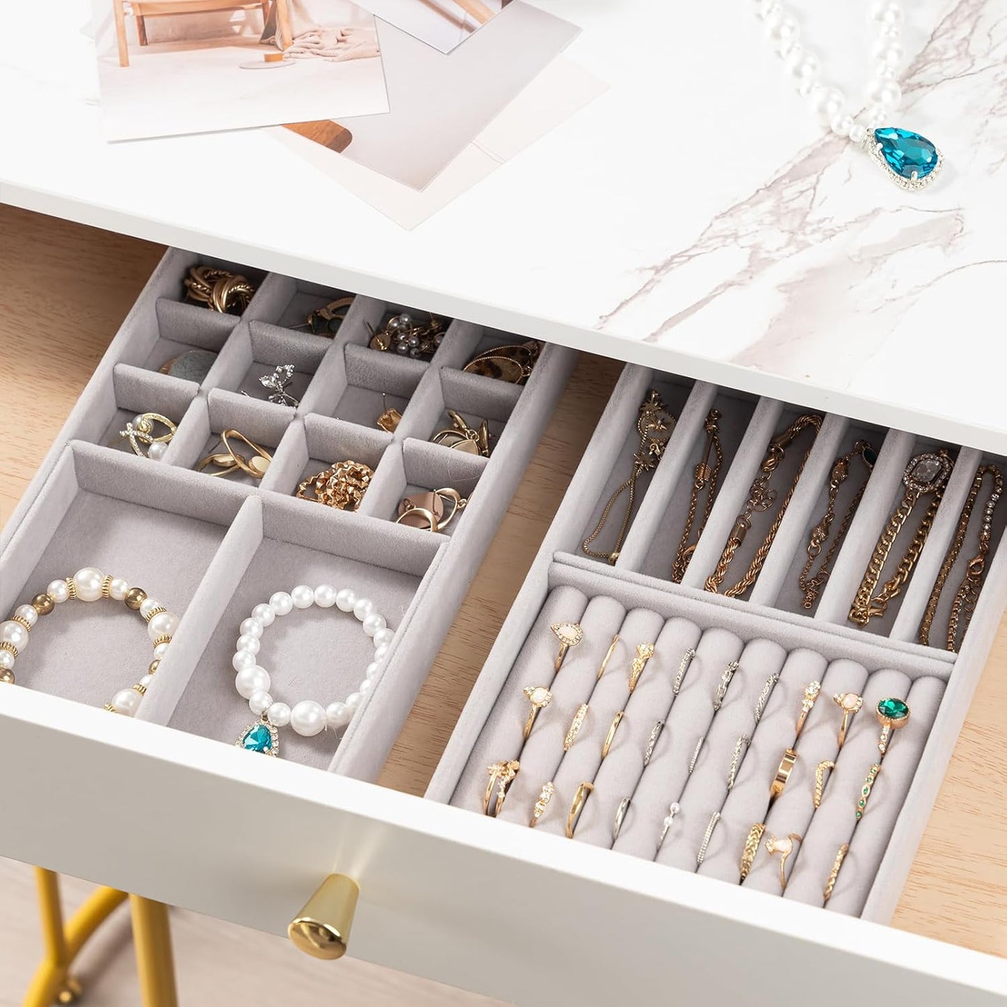 ProCase Stackable Jewelry Organizer Trays for Drawers, Jewelry Drawer Inserts Container Display Case Storage for Earring Necklace Rings Bracelet with Removable Dividers -Grey, 2 Layers