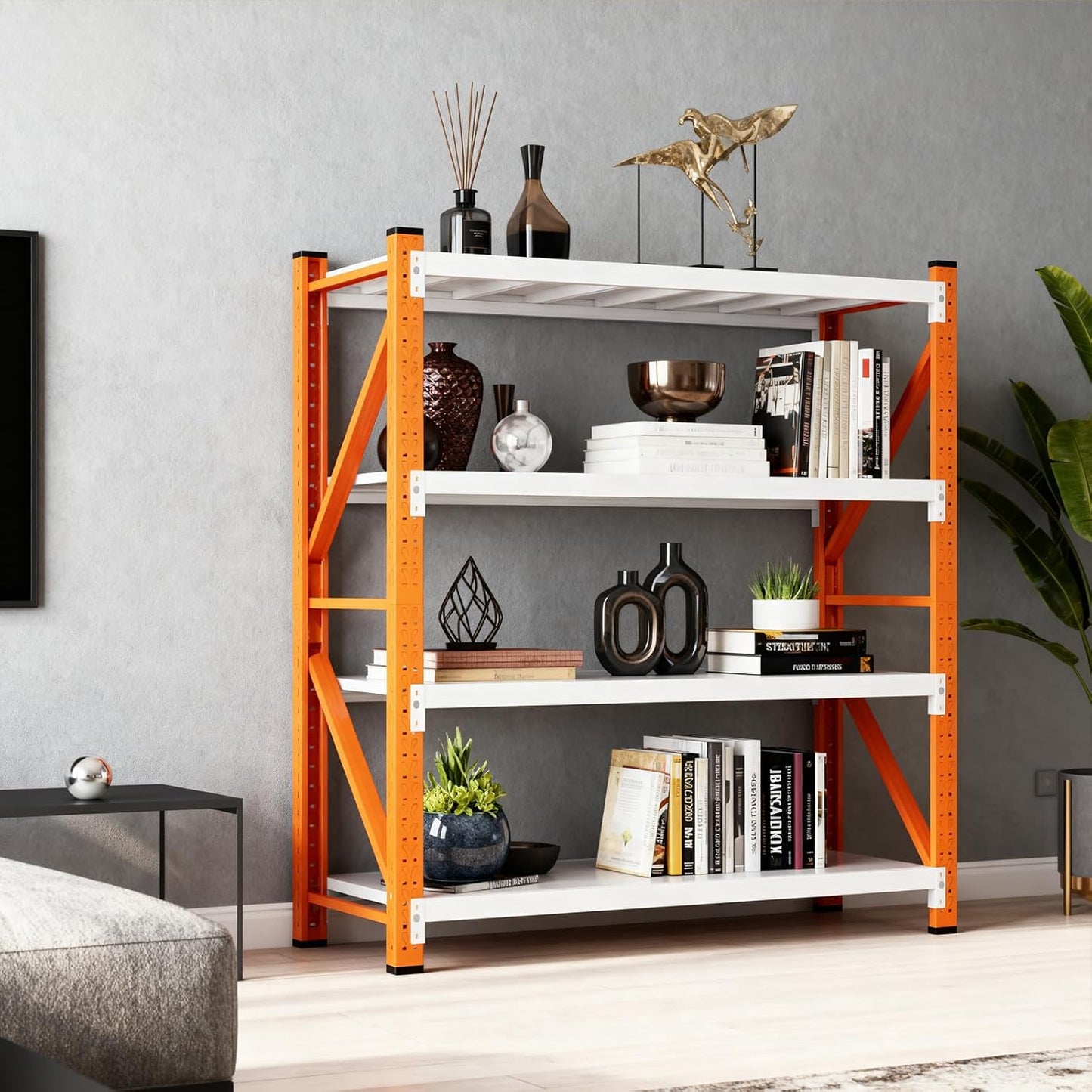 79" H Garage Shelving,3500LBS Heavy Duty Storage Rack,4 Tiers Metal Storage Rack Shelf, Adjustable Shelving Unit for Garage,Kitchen,Warehouse,Basement,78.7" H x 59" W x 19.6" D,Orange&White