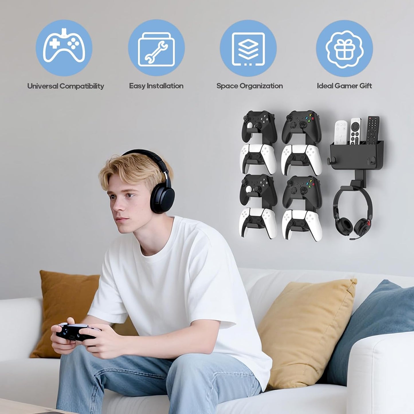 Controller & Headset & Remote Holder Wall Mount with No Drill, 4 Packs Gaming 8 Controllers Hanger Hook Mount for PS5/PS4/XBOX/Switch, Headphone Stand & Remote Control Holer Wall Shelf with Adhesives