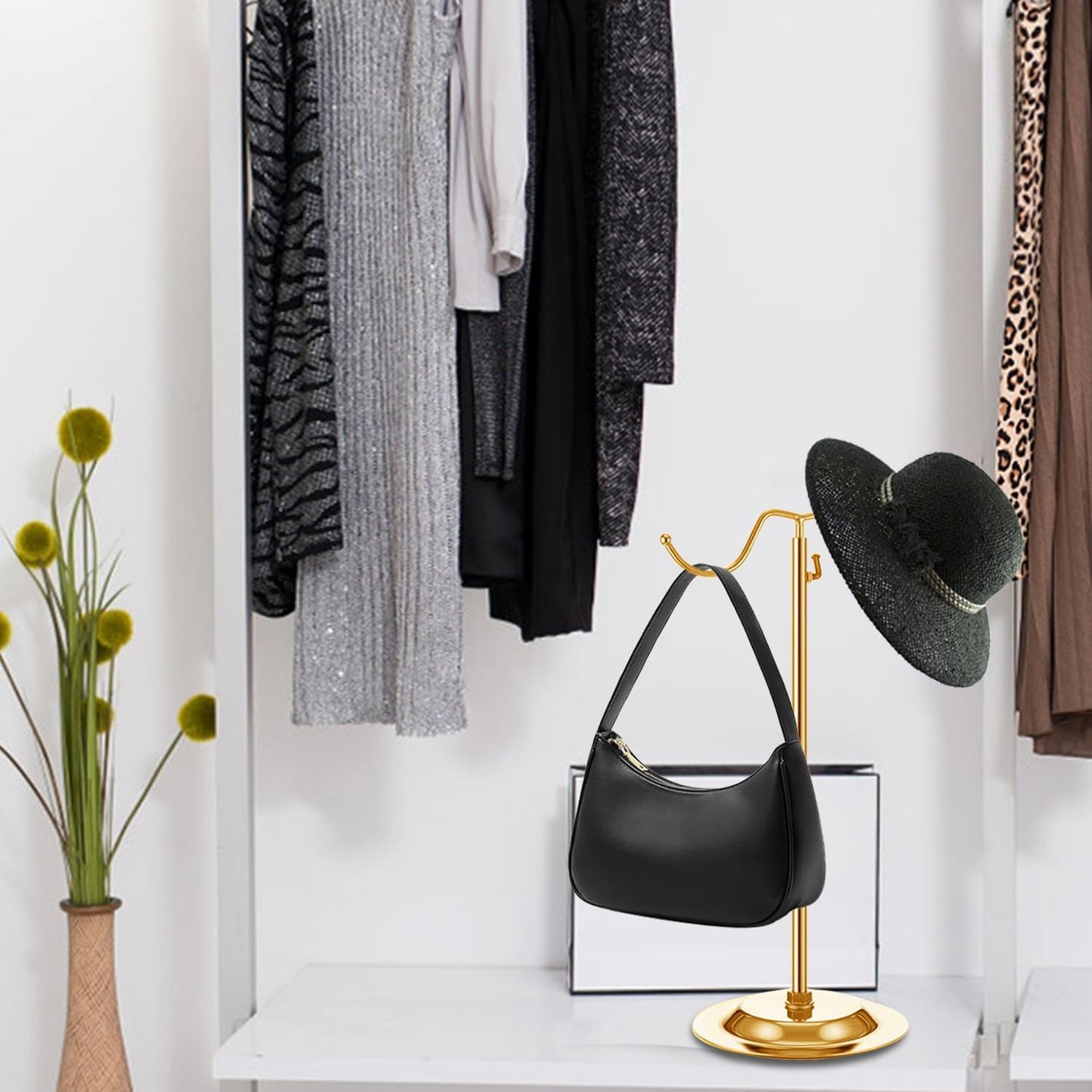 4 Pcs Purse Display Stand Adjustable Height Handbag Display Stand Metal Handbag Stand Holder Double Hook Purse Holder Stand for Home Store Boutique Counter, Gold