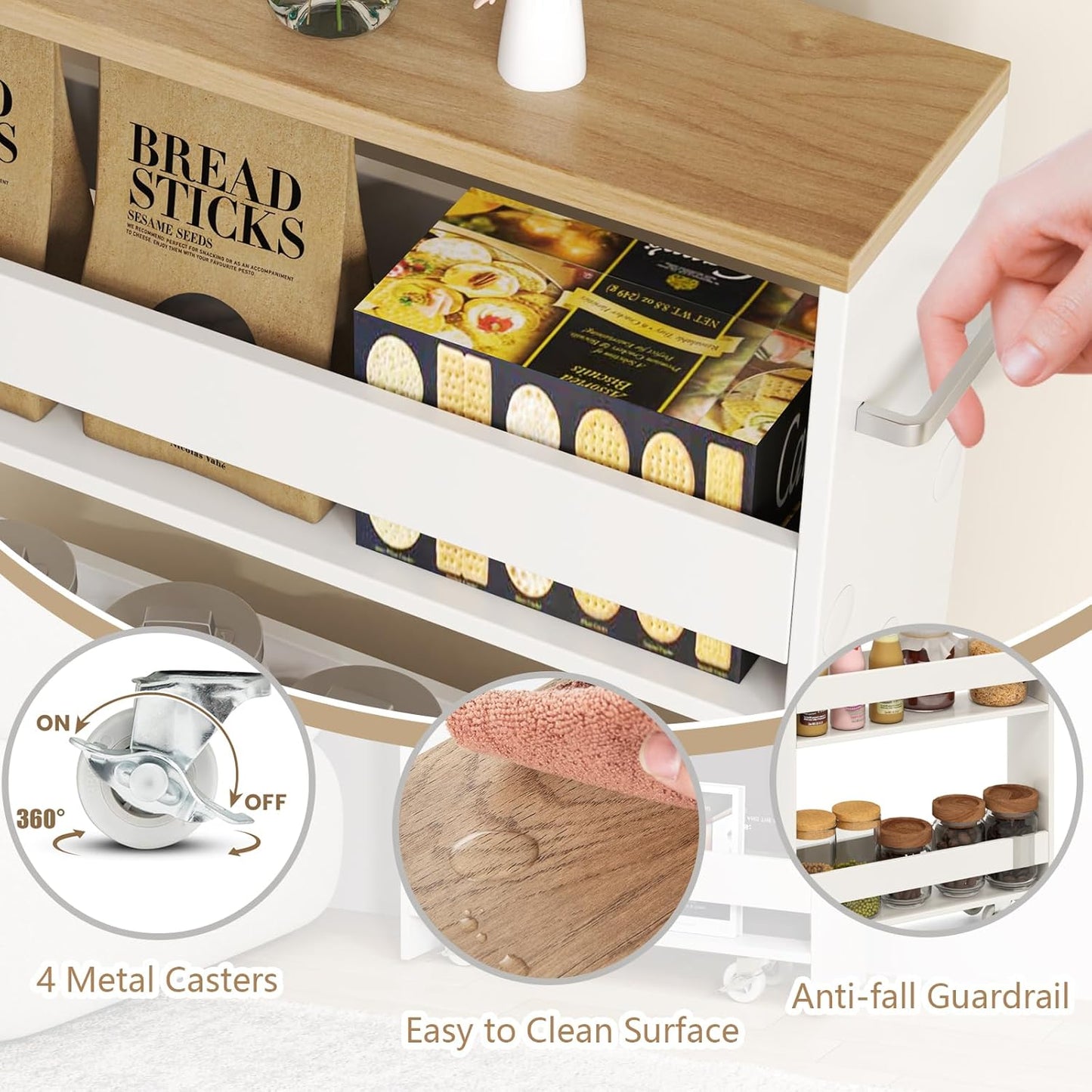 Slim Rolling Storage Cart, 4 Tier Narrow Kitchen Cart with Wheels, Between Washer and Dryer Cart, Wood Shelving Unit Organizer w/Handle for Small Spaces (White & Natural, 5-Inch)