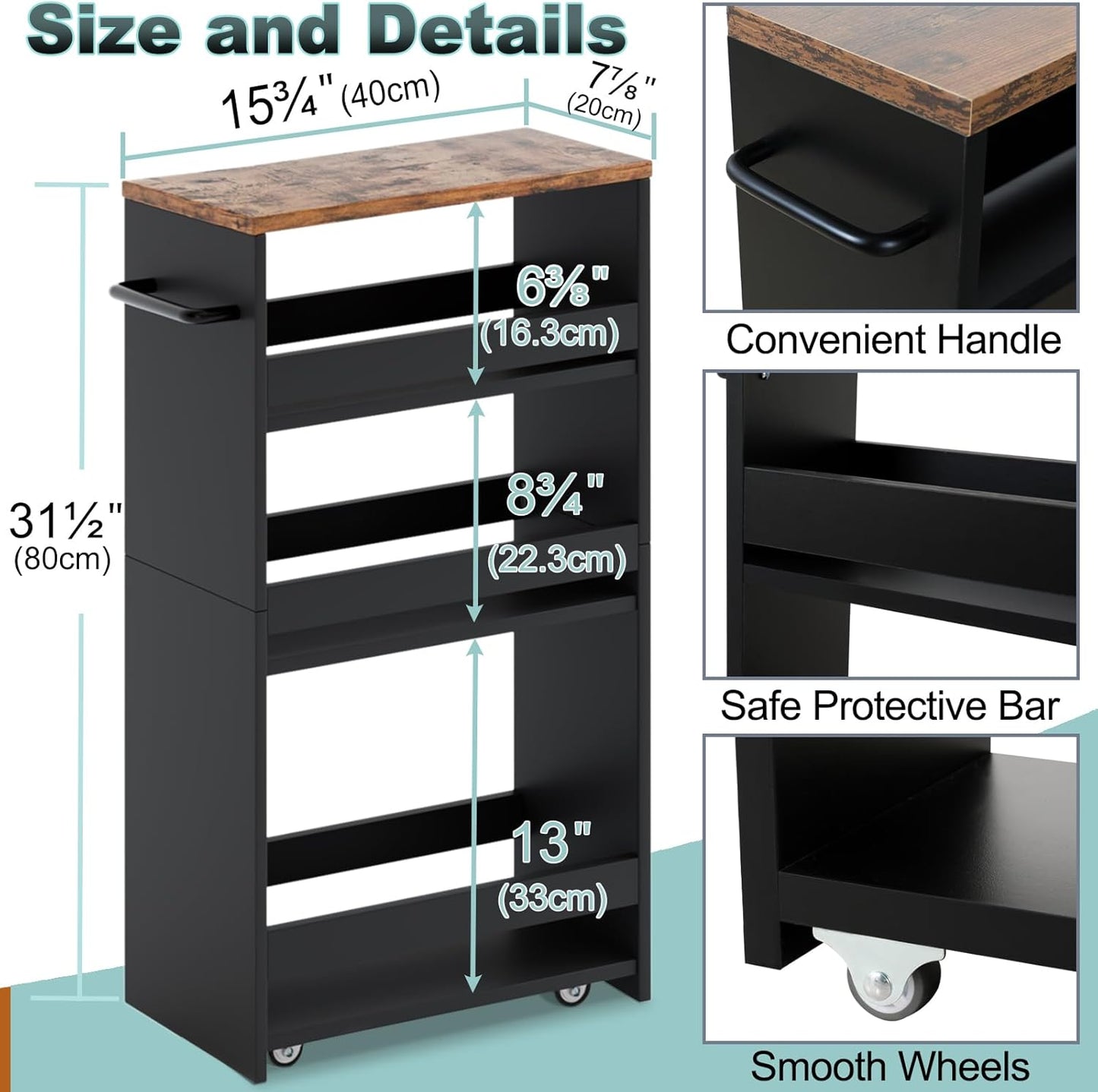 MARTY Rolling Storage Cart 7.9" W, 4-Tier Kitchen Cart with Wheels Handle, Slim Storage Cart Mobile Shelving Utility Carts for Bathroom Laundry Room Organization Narrow Places (Black)