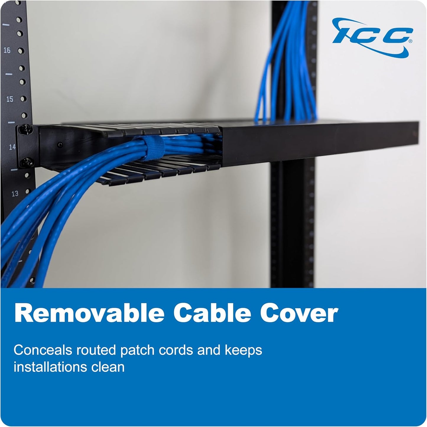 ICC 1U Finger Duct Cable Manager Panel with Cover, Plastic with Metal Back Frame, 3" Depth, Horizontal Cable Management, Rackmount for 19” Network Racks, Black, 6-Pack