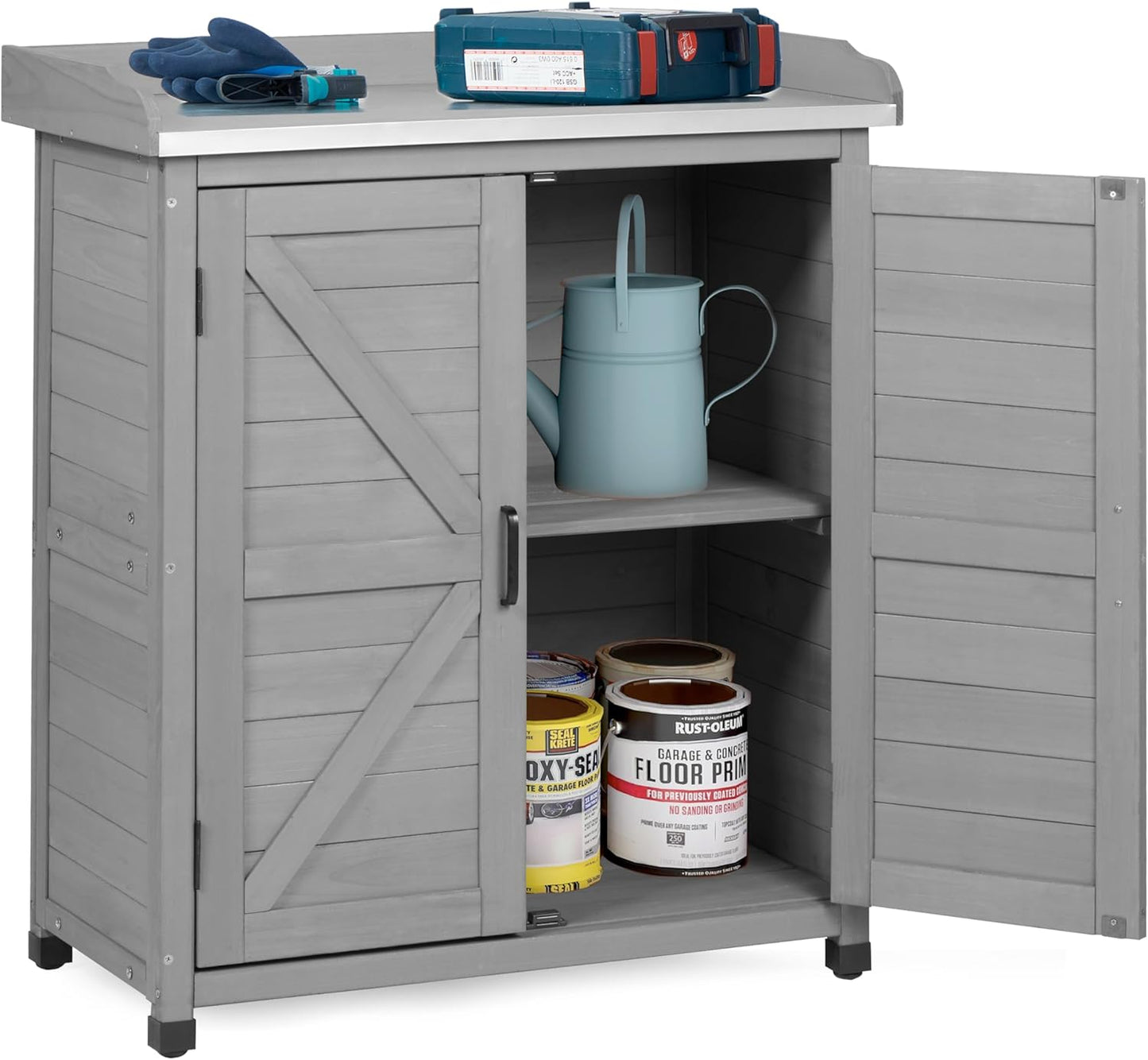Outdoor Potting Bench with Storage Cabinet and Metal Top, Wood Workstation for Outdoor Patio, Garden (Classic Grey, 31.5x17x39‘’)