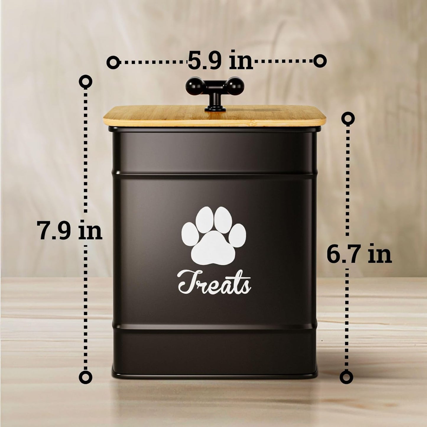 Dog Treat Container Airtight - 6 Inch Wide x 8 Inch Tall Iron Dog Treat Jar for Kitchen Counter with Airtight Bamboo Lid - 12 Cup Capacity Pet Treat Container - Doggie Cookie Jar - Big Treats Canister