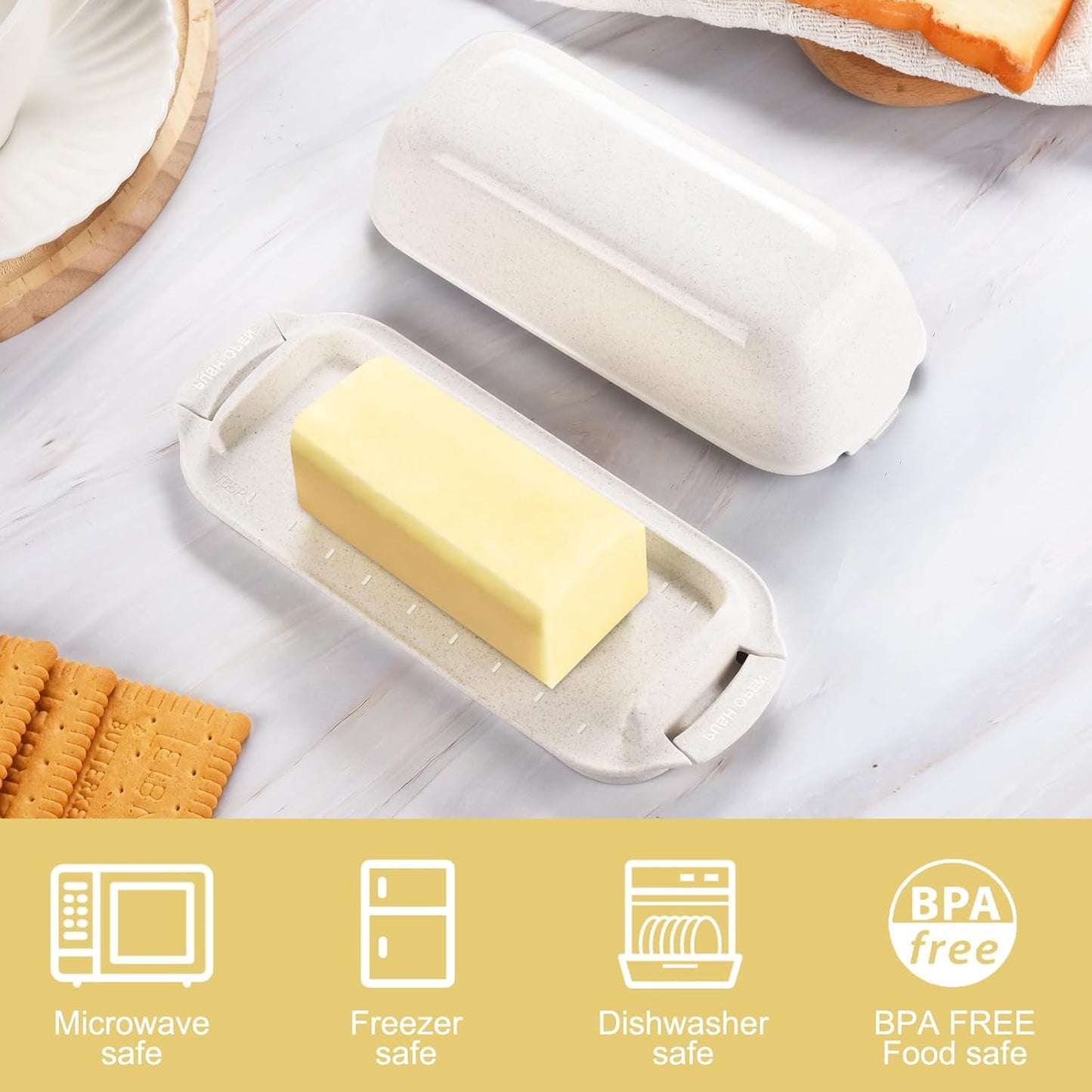 AONCO Butter Dish, Beige Wheat Straw Butter Container Holds with Lid for Countertop, Unbreakable Reusable Butter Keeper for Home Kitchen Decor, Perfect for East/West Coast Butter, Eco Friendly