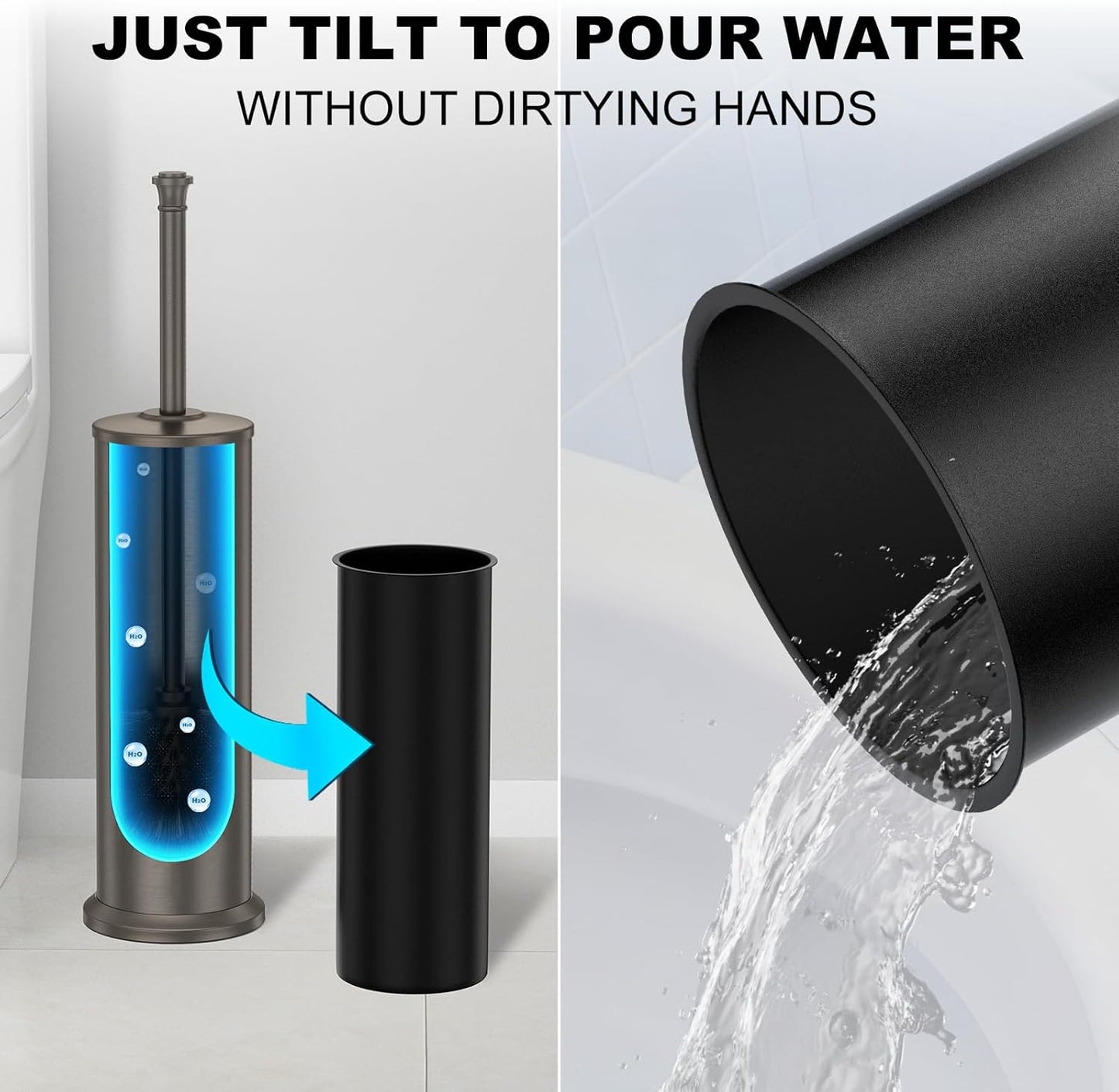 Pewter Toilet Brush and Holder,Extra Long Handled Toilet Brush for Bathroom,Stainless Steel Heavy Duty Toilet Bowl Brush,Removable Inner Bowl,Deep Cleaning Dense Bristles Cleaner Brush -Space Saving