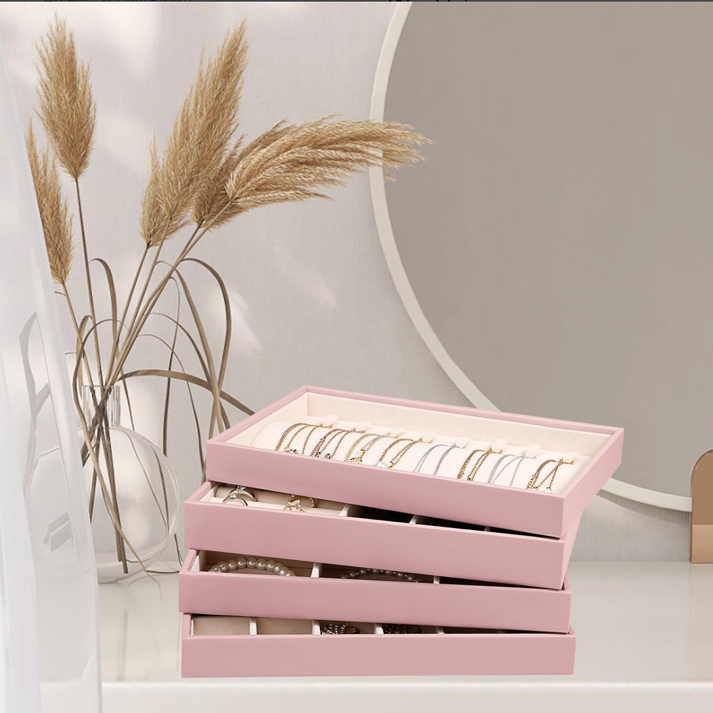 LANDICI Stackable Jewelry Organizer Trays 4 Set,PU Leather Jewelry Organizer Drawer,Jewelry Storage Display Tray for Earring Necklace Rings Bracelet with Removable Dividers,Rose Gold