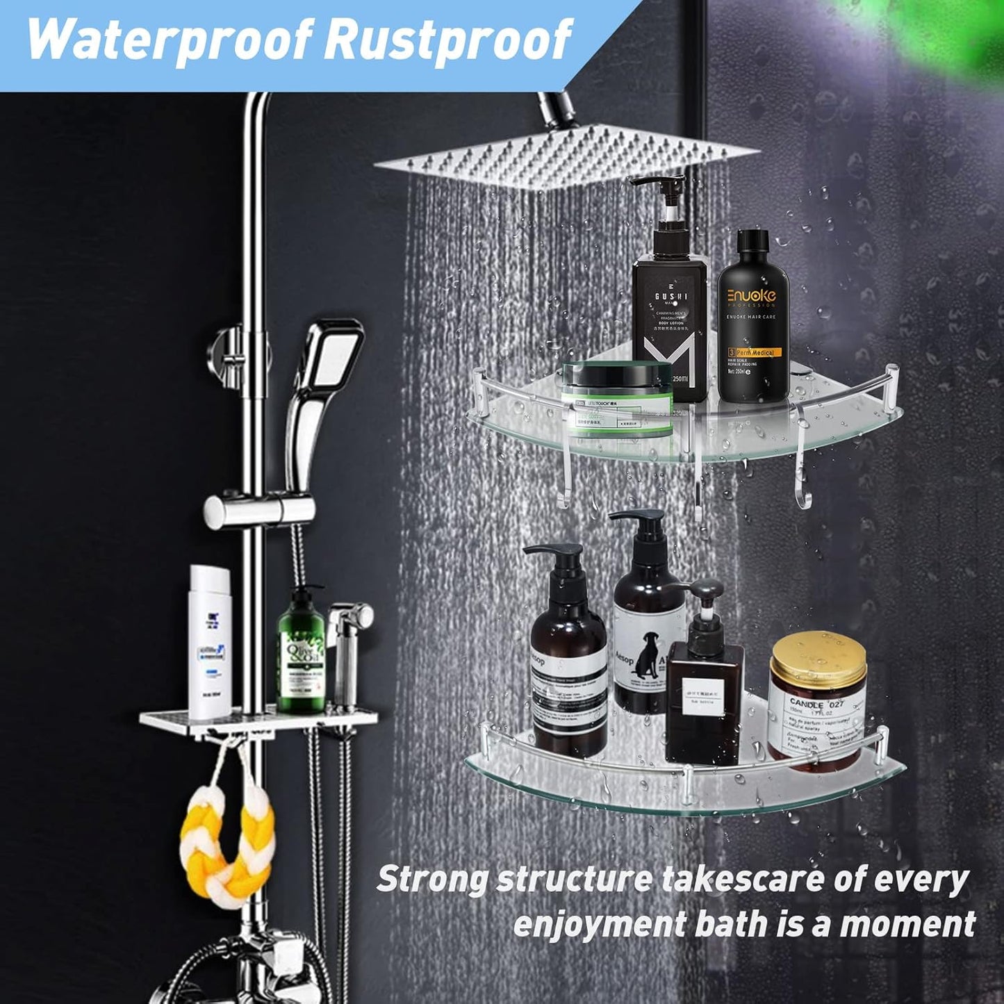 HouseMila Glass Shower Shelves, 2 Tier Tempered Glass Corner Shelf Shower Organizer with Extra 3 Hangers Shower Shelves for Inside Shower
