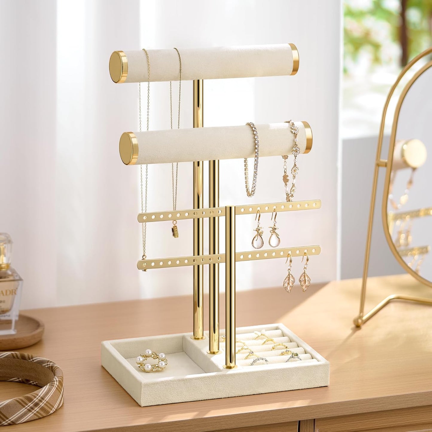 Bracelet Holder Jewelry Organizer Display - 3 Tier T Bar Velvet Stand, Beige Jewelry Storage for Bracelet, Necklaces, Earrings, Rings, Watches