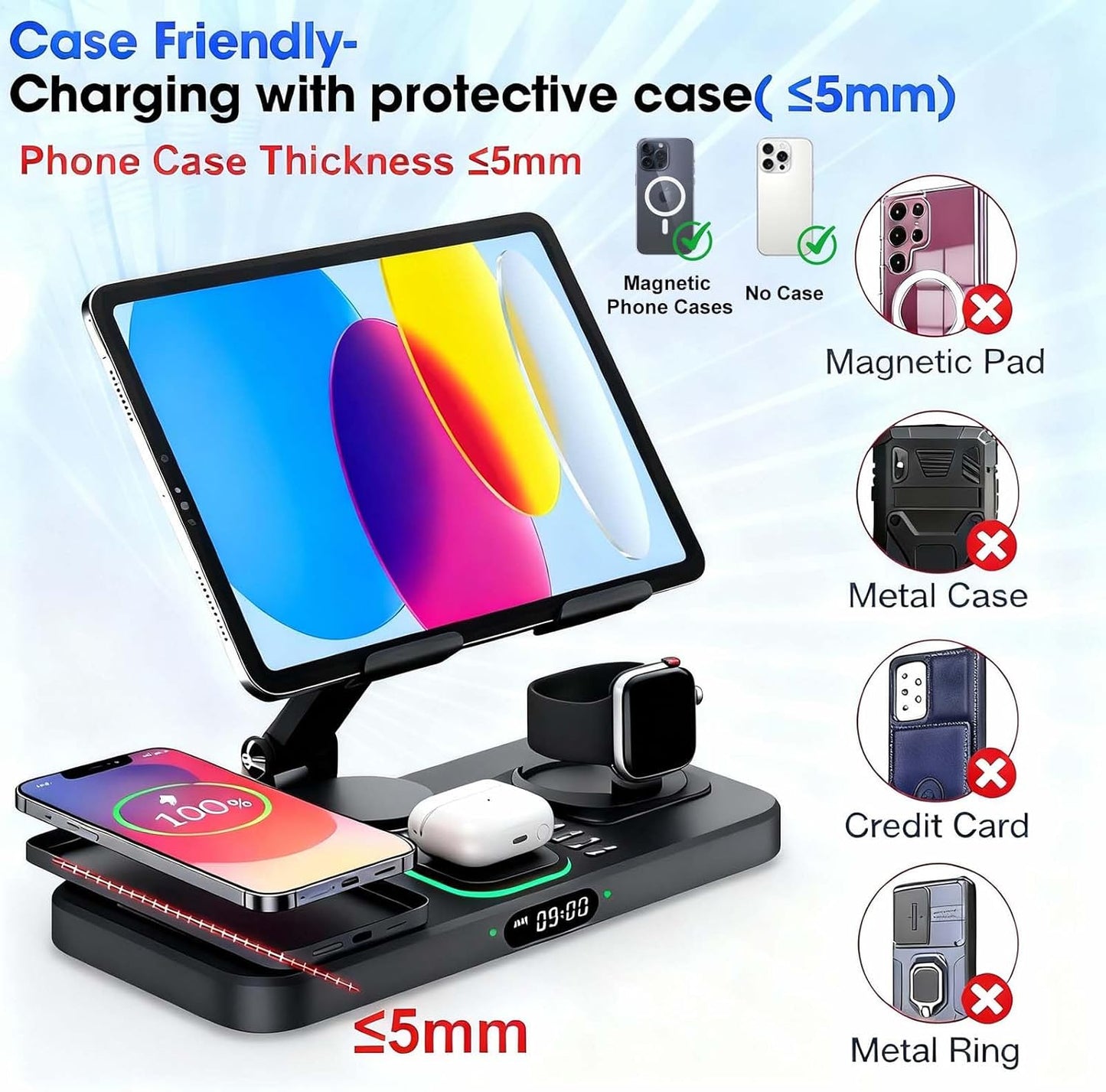30W Charging Station for Apple Products, Foldable Wireless Charger with Clock Display&7 Color Light, Wired Charging for iPad/Tablet Charging Station for iPhone17, for Apple Watch11 for AirPods4(Black