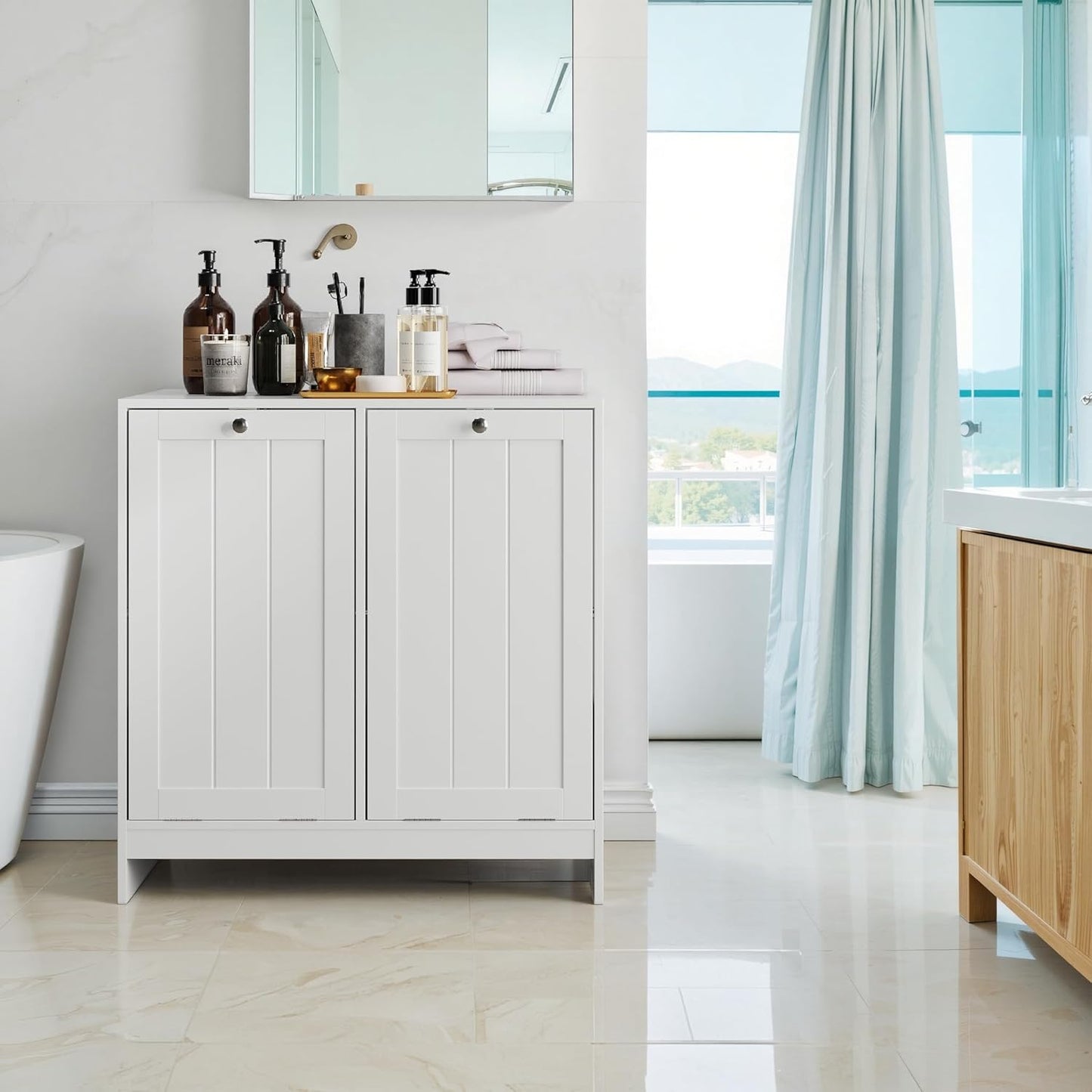 Tilt-Out Double Laundry Hamper Cabinet, White, 26.8" H x 26" W x 12" D, 5.9 Gal Capacity, MDF Construction.