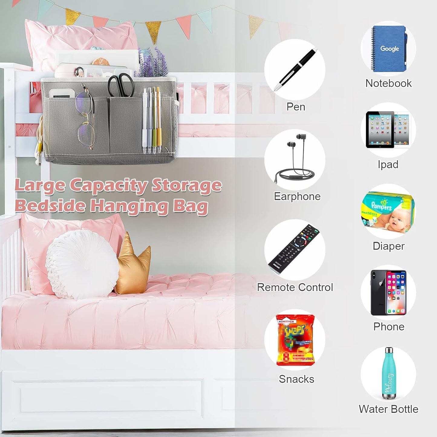 Bedside Caddy Hanging Storage with Water Bottle Holder for Bunk Bed, Hospital Bed, Dorm Rooms (Grey)