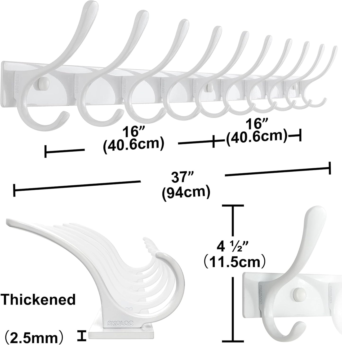 SKOLOO Wall Mounted Coat Rack - 10 Hooks, Heavy Duty, Stainless Steel, Metal Wall Hangers, Sturdy Coat Hooks for Hanging Coats, Jacket, Clothes, Hat, White