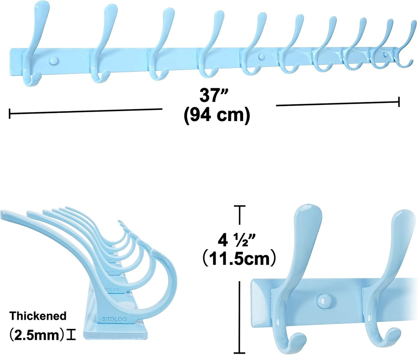 SKOLOO Coat Rack Wall Mounted - 10 Hooks, Pack of 2, Heavy Duty, Stainless Steel, Metal Coat Hanger, Sturdy Wall Hooks for Hanging Coats, Jacket, Clothes, Hat, Blue