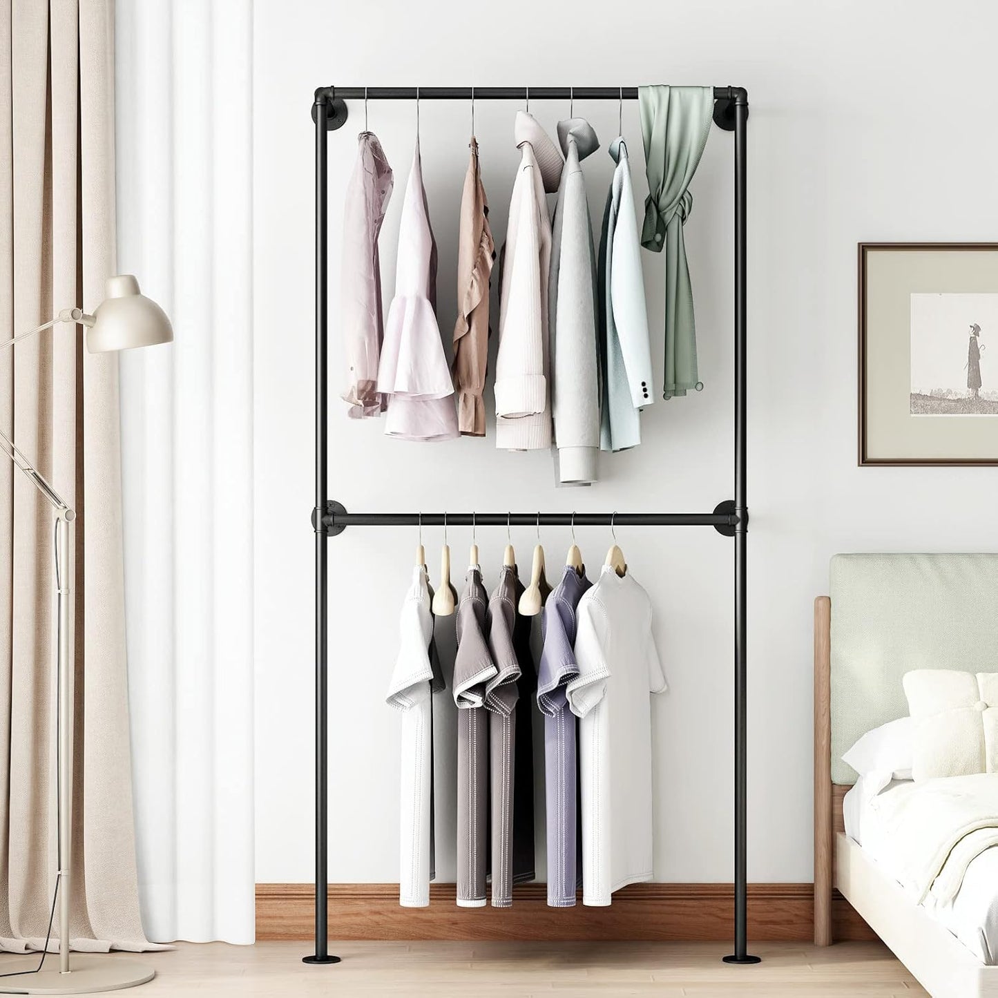 Industrial Pipe Clothing Rack Wall Mounted Garment Rack, Black Pipe Clothes Rack Retail Display Hanging Rod for Closet Storage, Laundry Room
