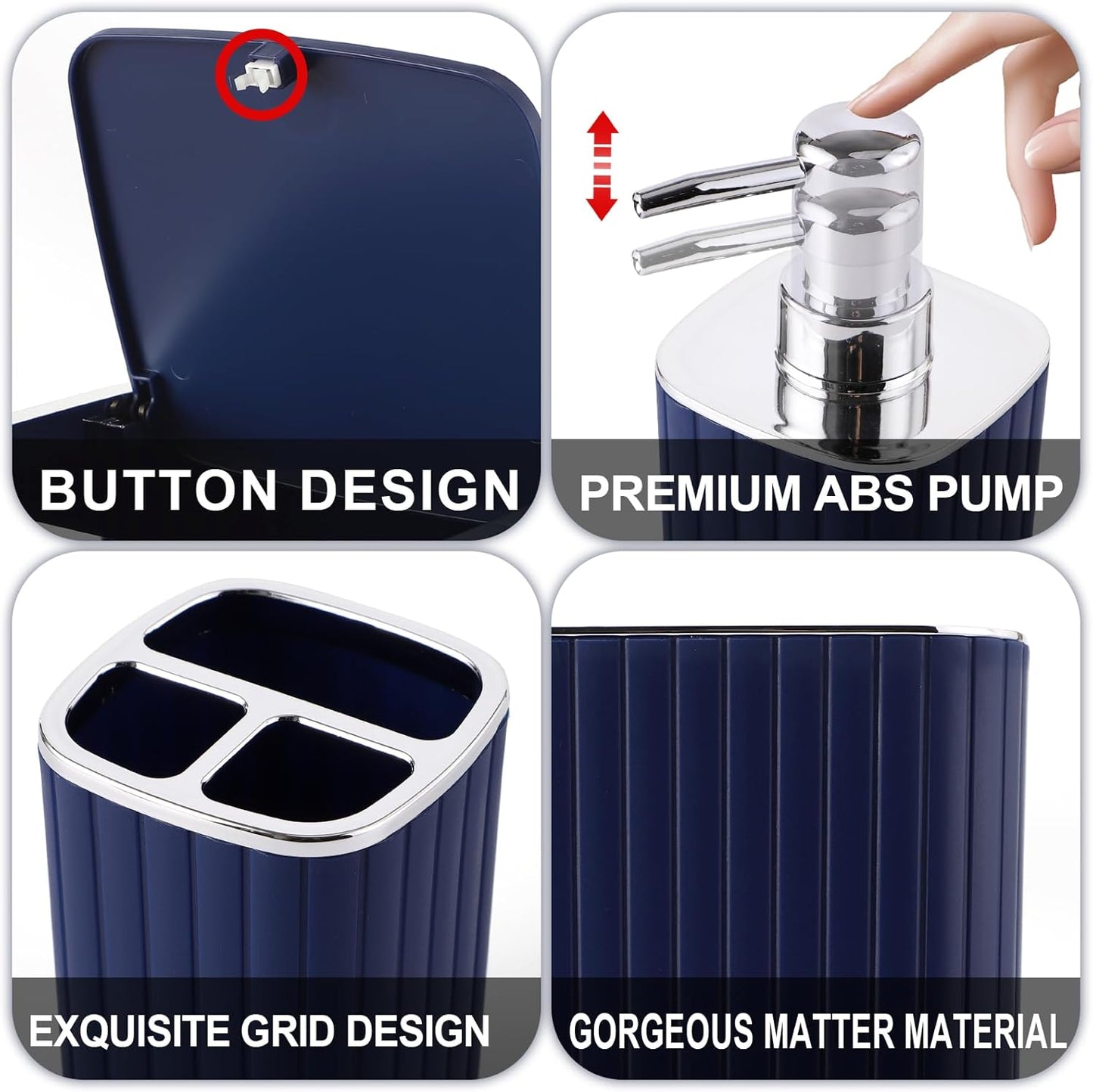 Navy Blue Bathroom Accessories Set - Gorgeous Bathroom Set, 10PC Bathroom Accessory Set, Toilet Brush, Trash Can, Qtip Holder Dispenser & Soap Dispenser