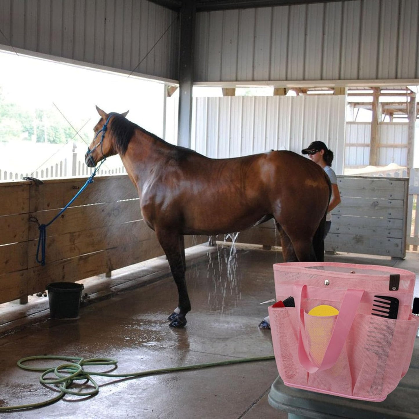 Mesh Horse Grooming Tote Bag Breathable Waterproof, 6 Pockets Horse Grooming Kit Tool Bags, Horse Cleaning Caddy Box for Cleaning Supplies, Pet Grooming Organizer for Horse Cow Cats, Pink