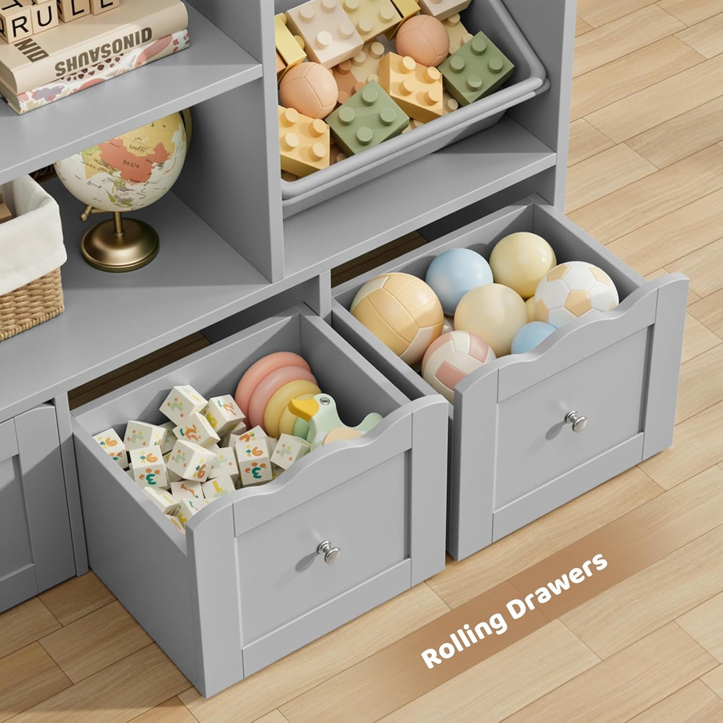 HITHOS 55" W Kids Toy Storage Organizer, Large Toy Box with Bookshelf, Toy Chest with 3 Cubes Storage Organizer, 6 Toy Organizers and Storage Bins, 4 Rolling Drawers for Kids Room, Playroom, Gray