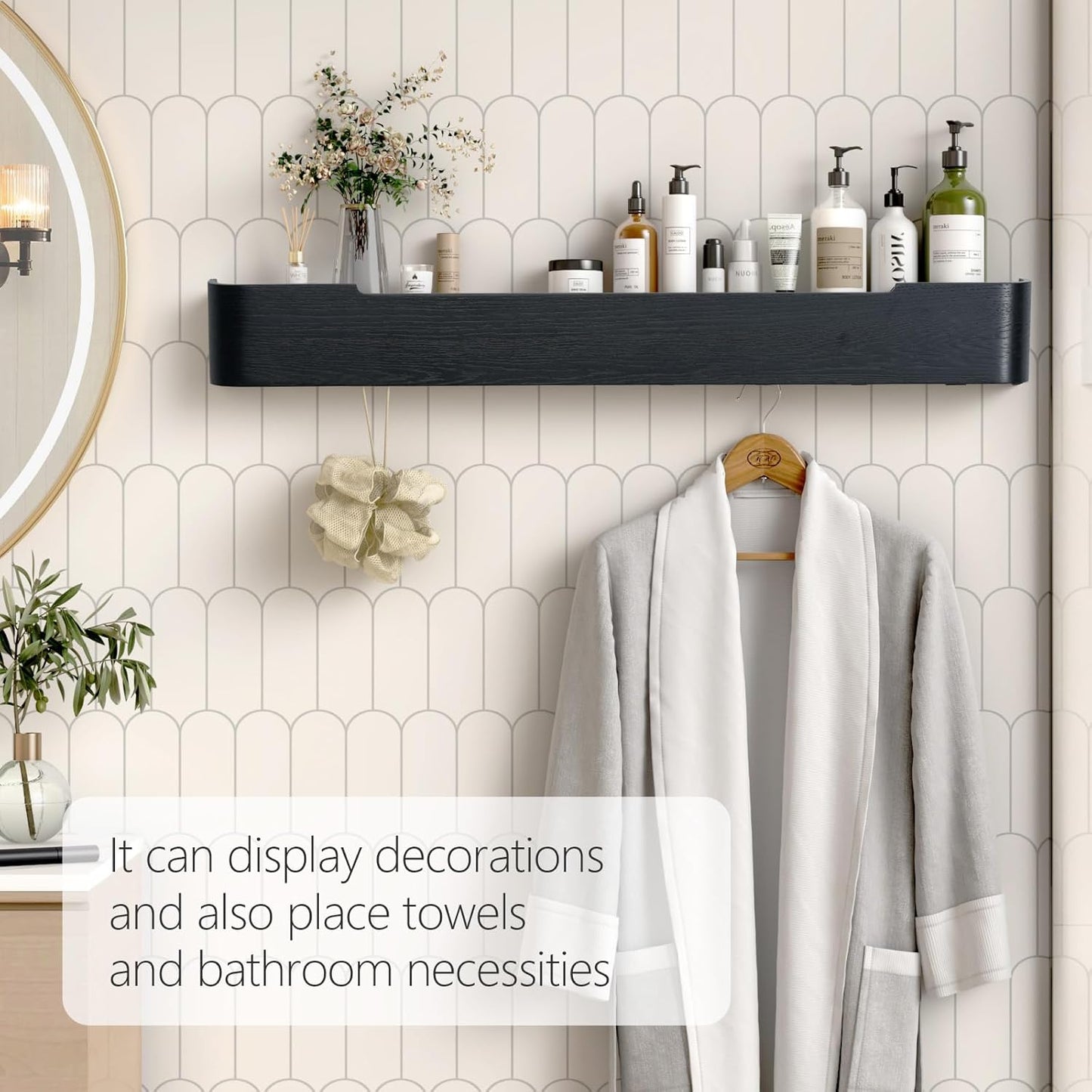 Coat Rack Wall Mount with Hidden Hooks Modern Key Holder Wood Entryway Hook with Shelf for Bedroom Kitchen Hallway Bathroom Designed for Hanging Coats Hats Bags Towels Dog Leashe(Black,8 Hooks)