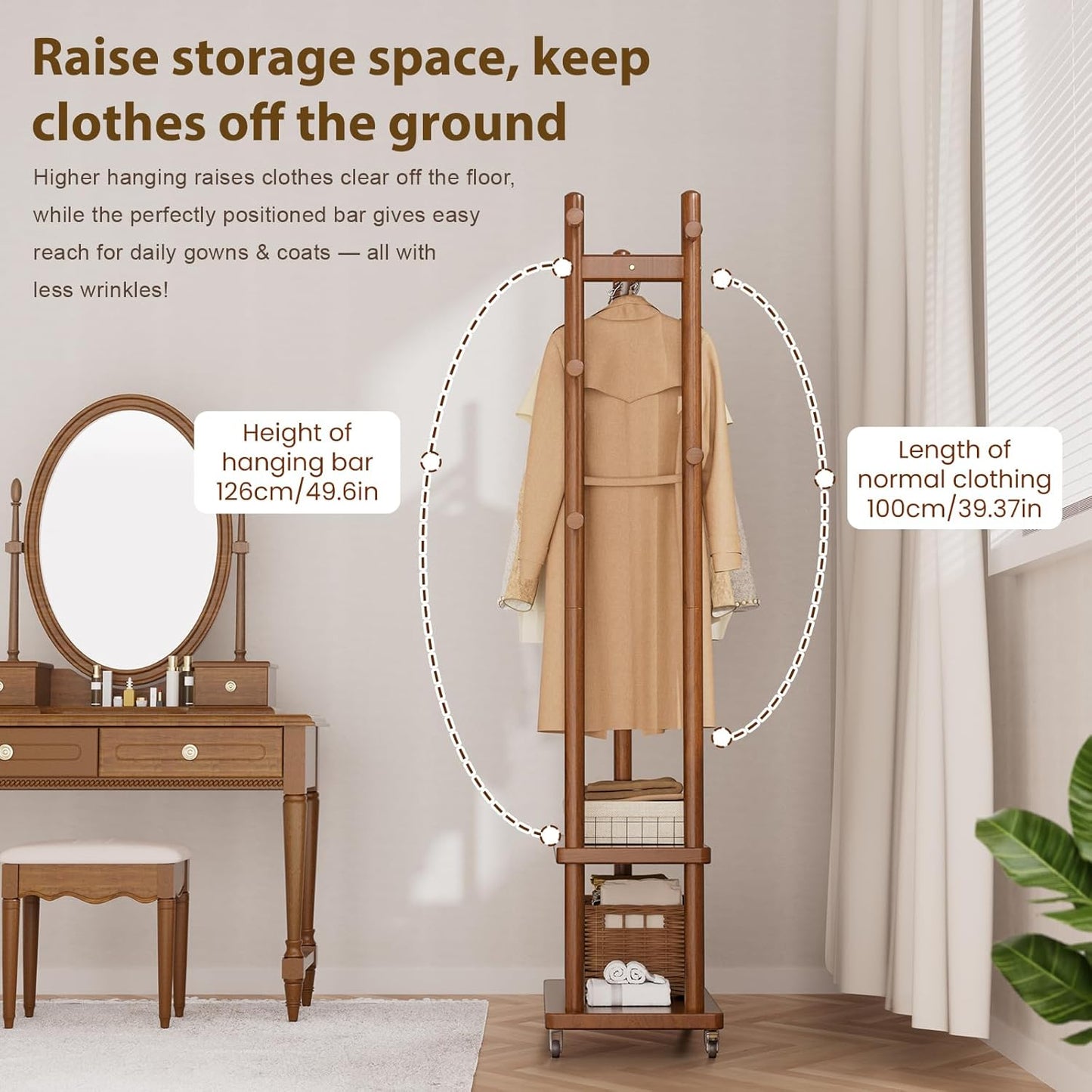 Coat Rack Freestanding Clothing Rack with Wheels, Coat Tree Freestanding Heavy Duty with 2 Storage Shelves and 5 Hooks, Wood Garment Rack for Corner Bedroom Hallway Entryway Living Room Hotel