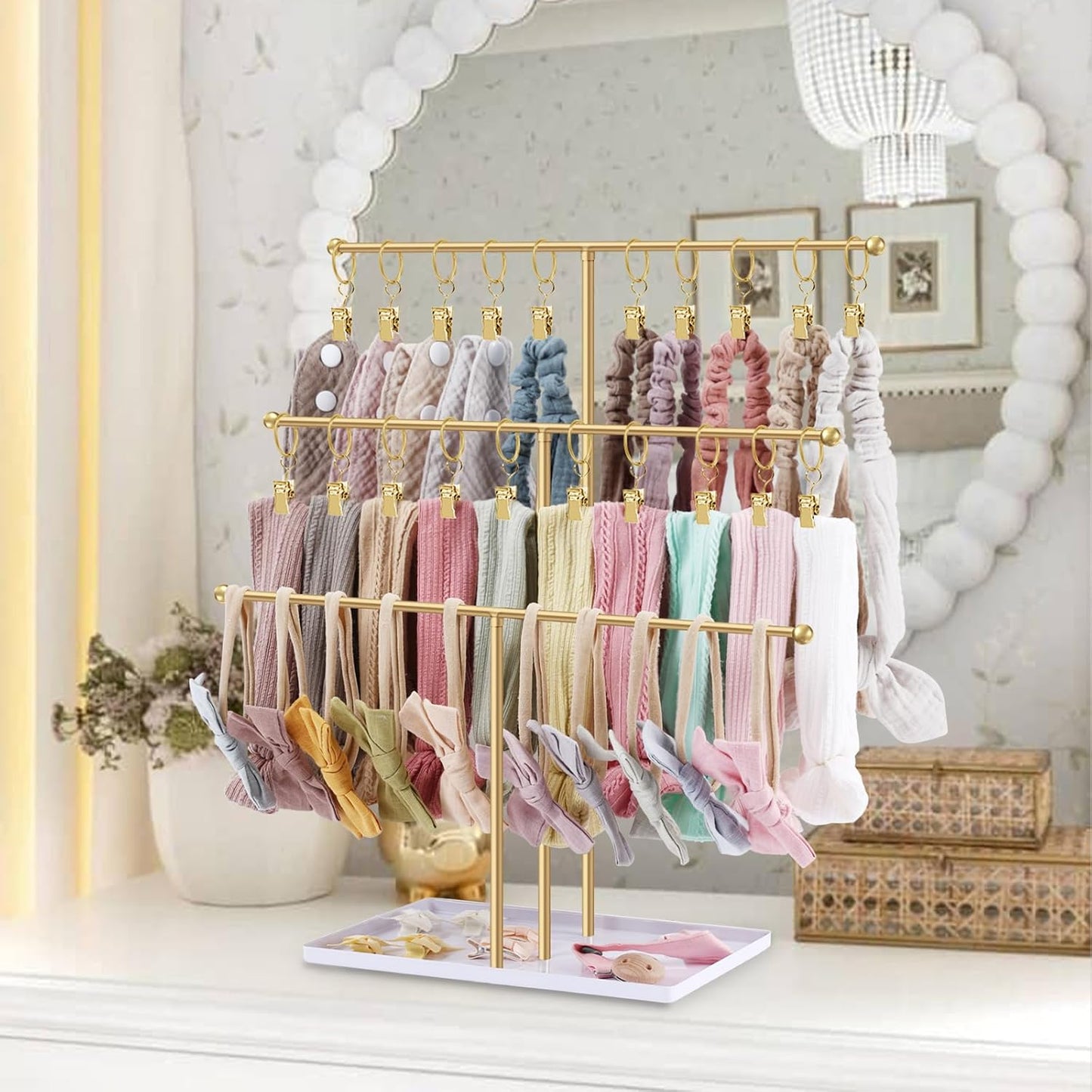 POVETIRE Headband Holder Stand Storage for Baby, 3 Tier Wooden Bow Organizer for Girls Hair Bows, Infant Hair Accessories Rack Display for Nursery Decor