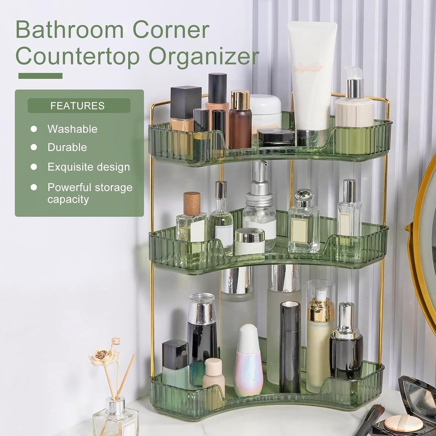 Corner Bathroom Countertop Organizer, Vanity Trays for Bathroom Counter, Makeup Organizer, Perfume Tray, Kitchen Spice Rack, Fits 90 Corner(Green, 3 Tiers)