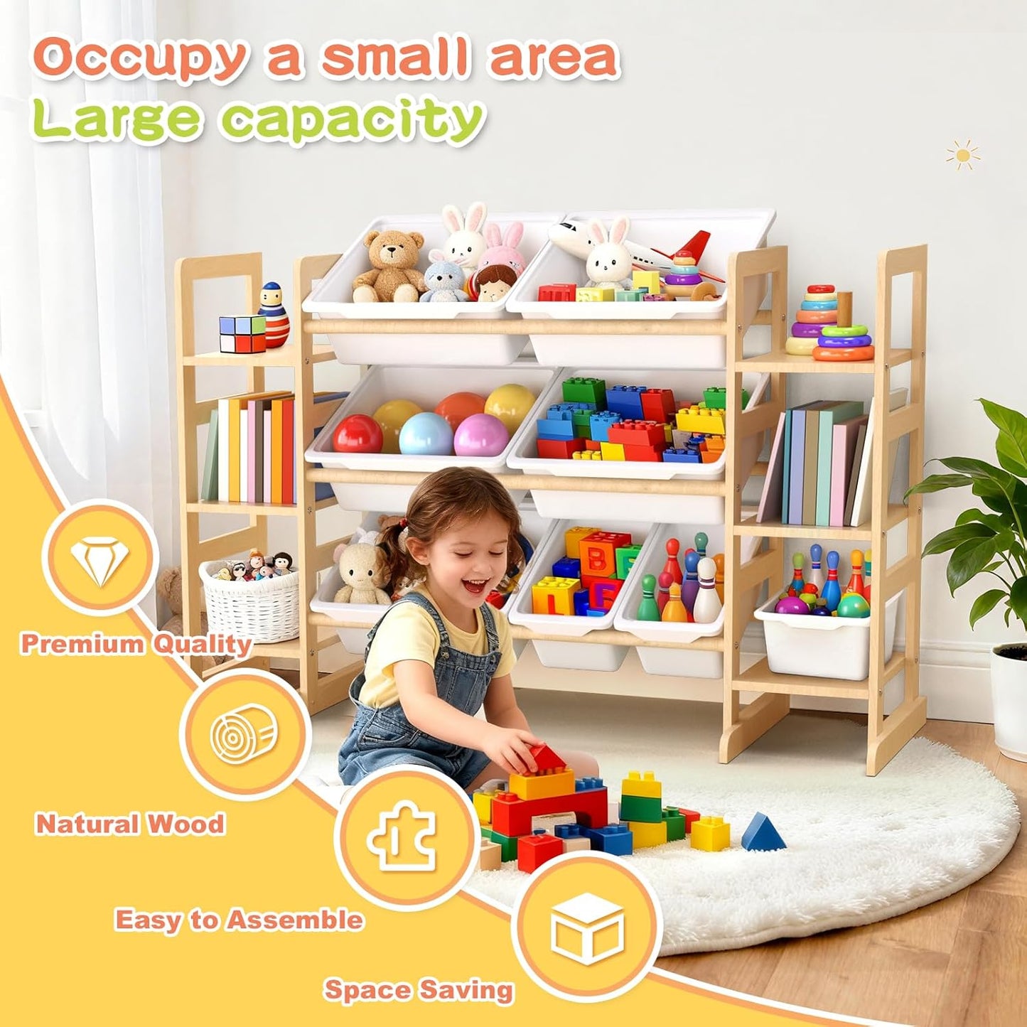 Wooden Toy Storage Organizer for Kids, Multi-Tier Toy Organizer with Bins & Side Montessori Bookshelves, Sturdy Natural Wood Playroom Storage Solution for Toys, Books, Games