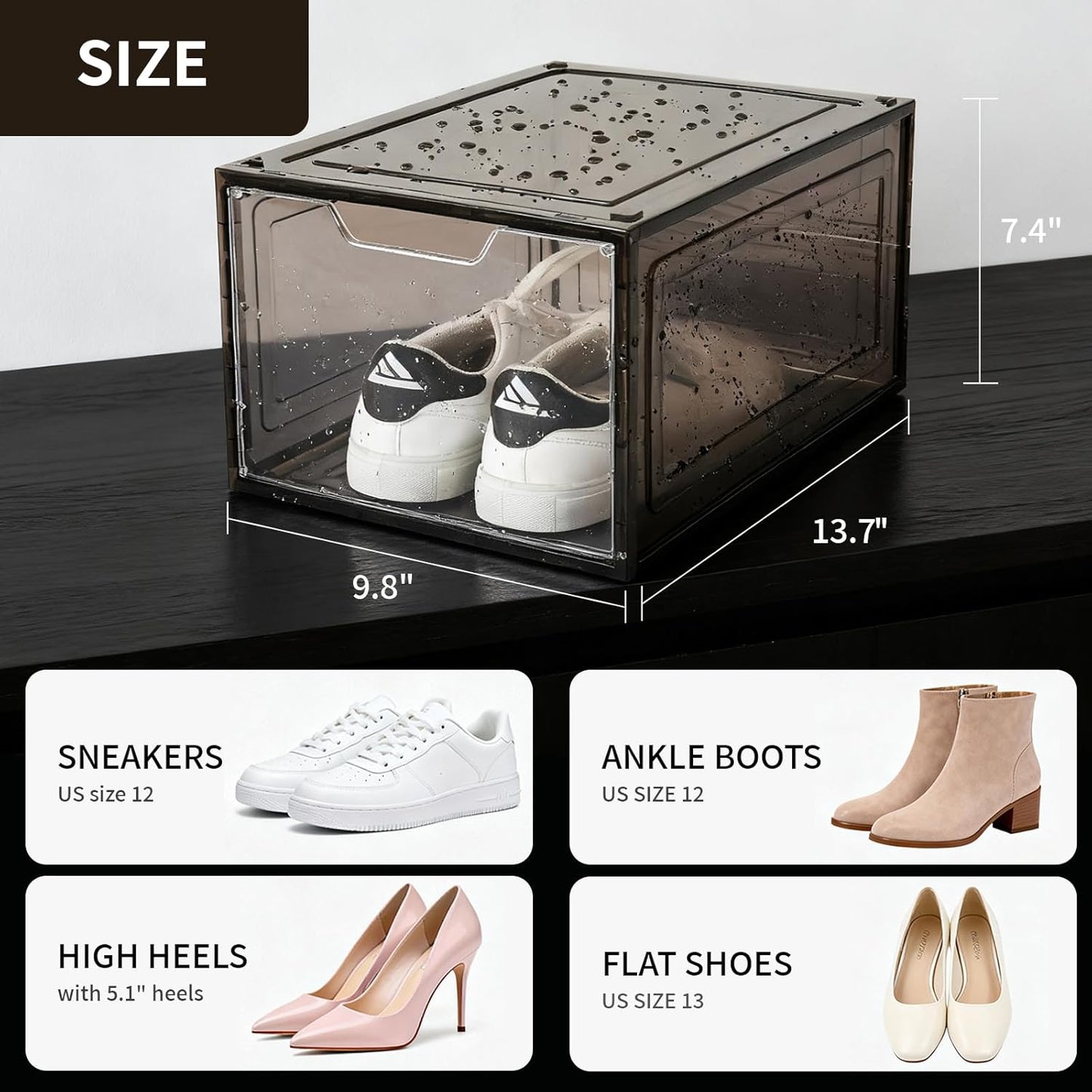 Shoe Boxes Shoe Storage Boxes Display Boxes with Magnetic Doors and Stackable Design, Ideal for Hallways, Under Beds, Wardrobes, and Living Rooms (Magnetic Door-Black, 6 Pack)