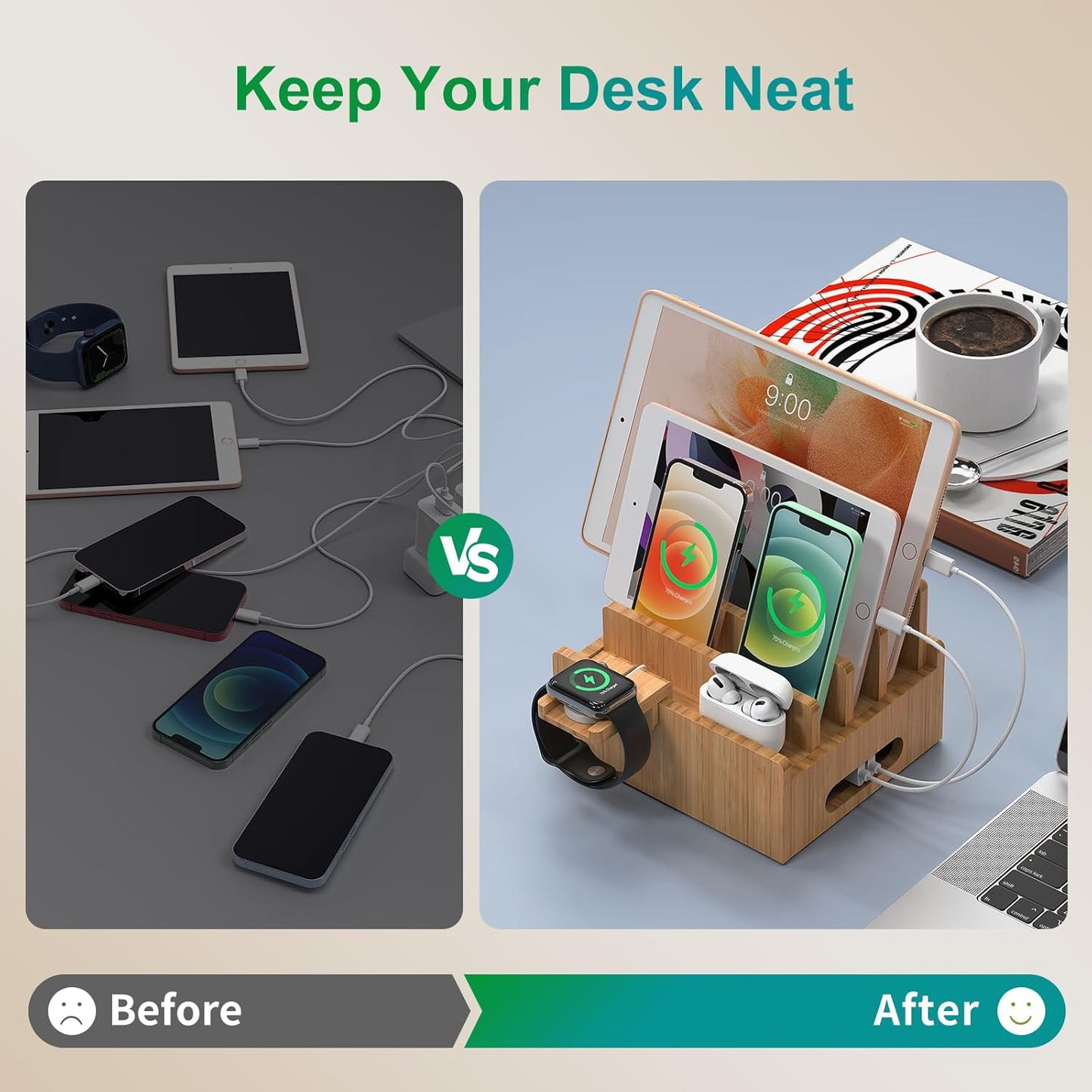 Pezin & Hulin Cell Phone Charging Stations, Bamboo Dock Organizer for Multi Devices, Tablets, Smart Watch, with Pack 5 Cables, No Power Charger Supply