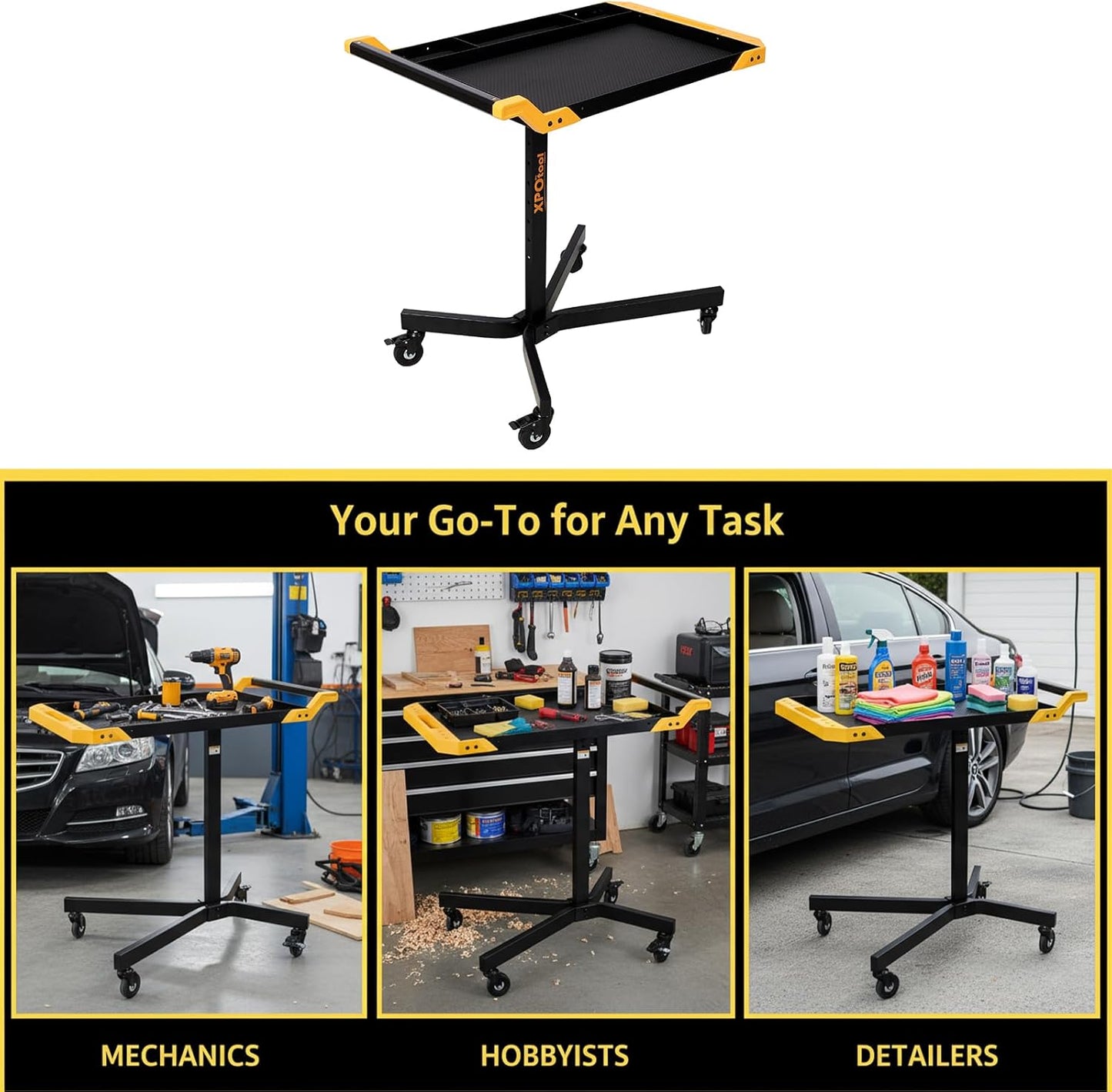 Adjustable Height Mobile Work Table, Rolling Tool Cart – Heavy-Duty Steel Service Stand for Mechanics, Garage, Workshop & DIY Projects – 34” to 48” Portable Workstation