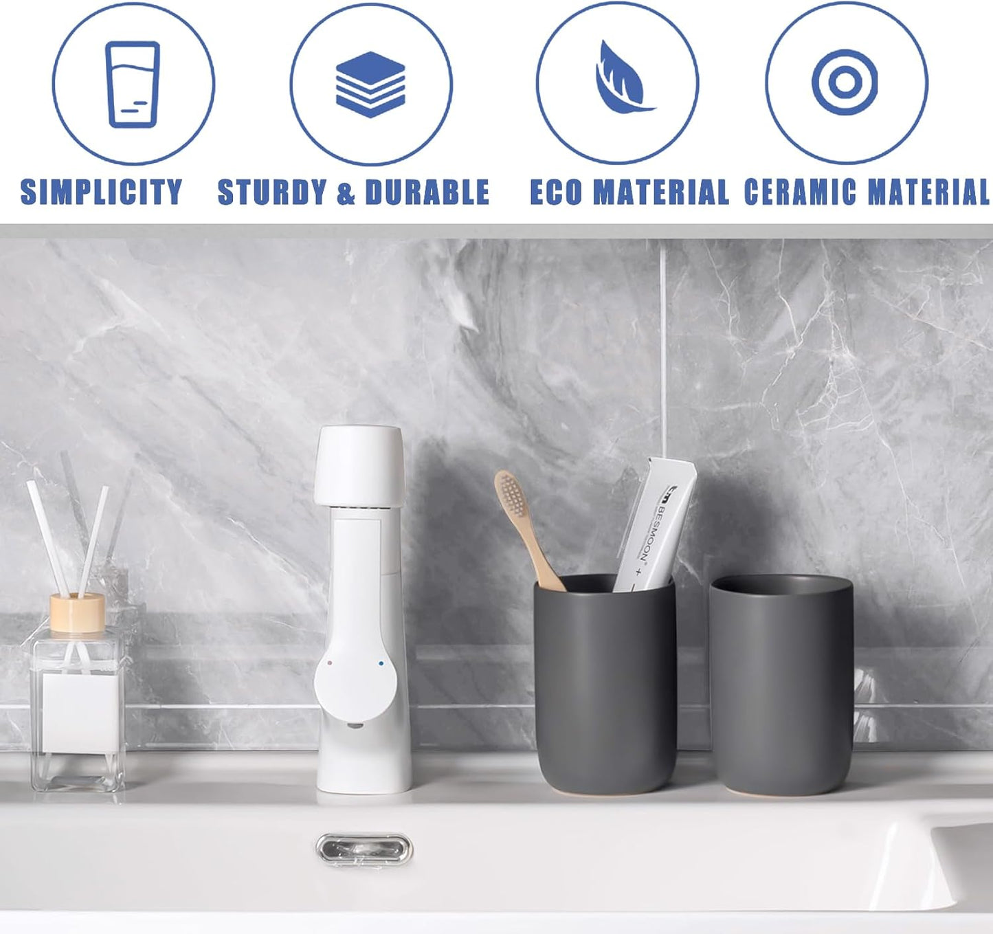 Matte Grey Toothbrush Holders for Bathrooms - Ceramic Toothbrush Toothpaste Holders Set, Grey Bathroom Tumbler Cups Reusable Toothbrush Cup, Counter Organizer